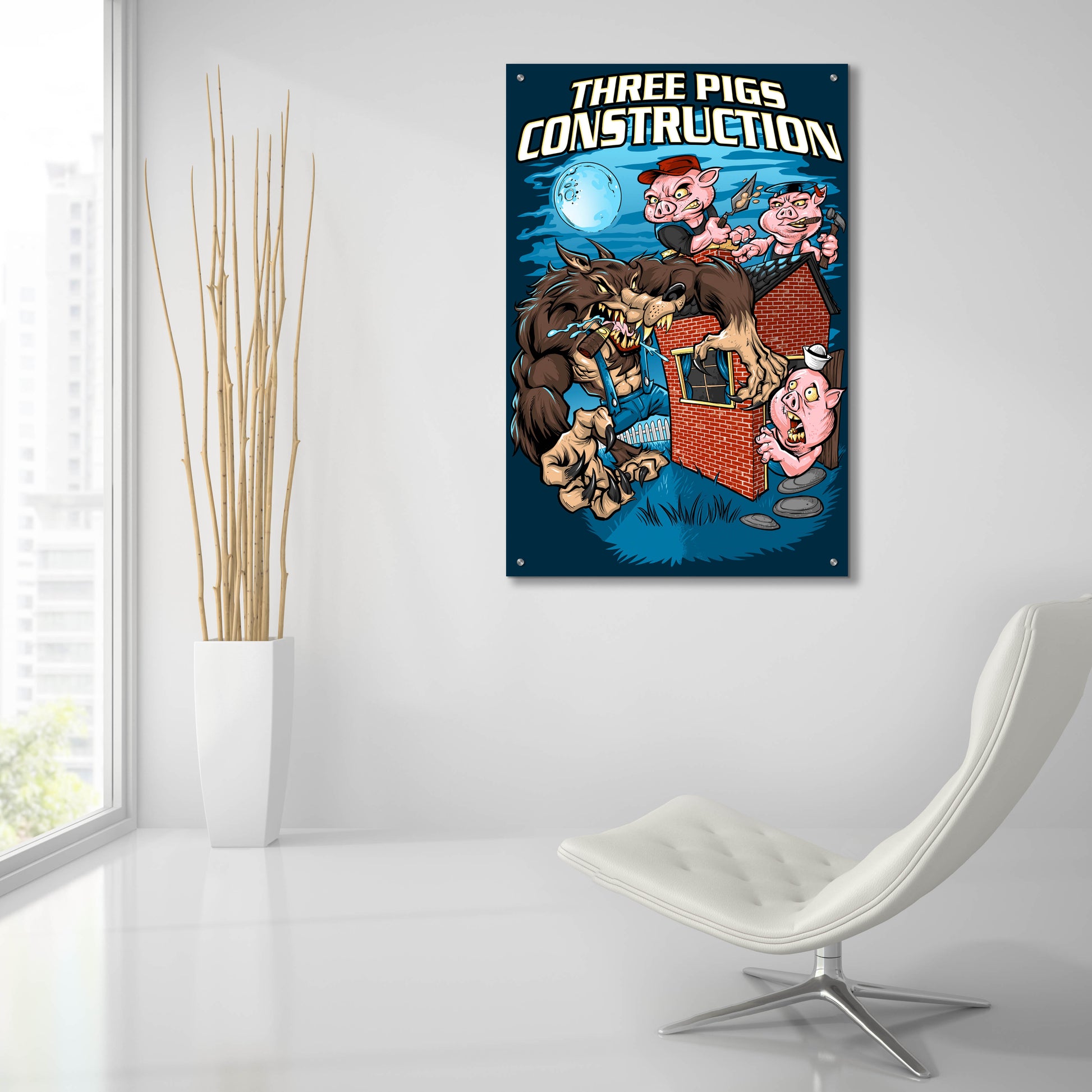 Epic Art 'Three Little Pigs Construction' by Flyland Designs, Acrylic Glass Wall Art,24x36