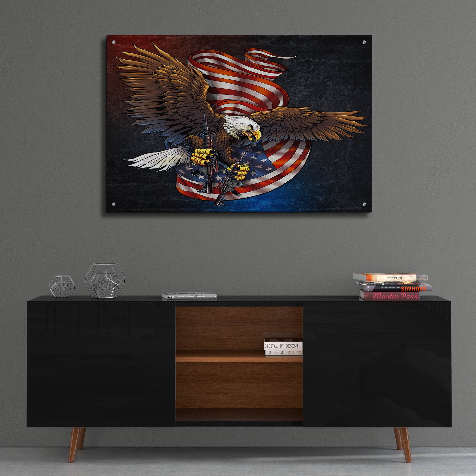 Epic Art 'Eagle and Guns' by Flyland Designs, Acrylic Glass Wall Art,36x24