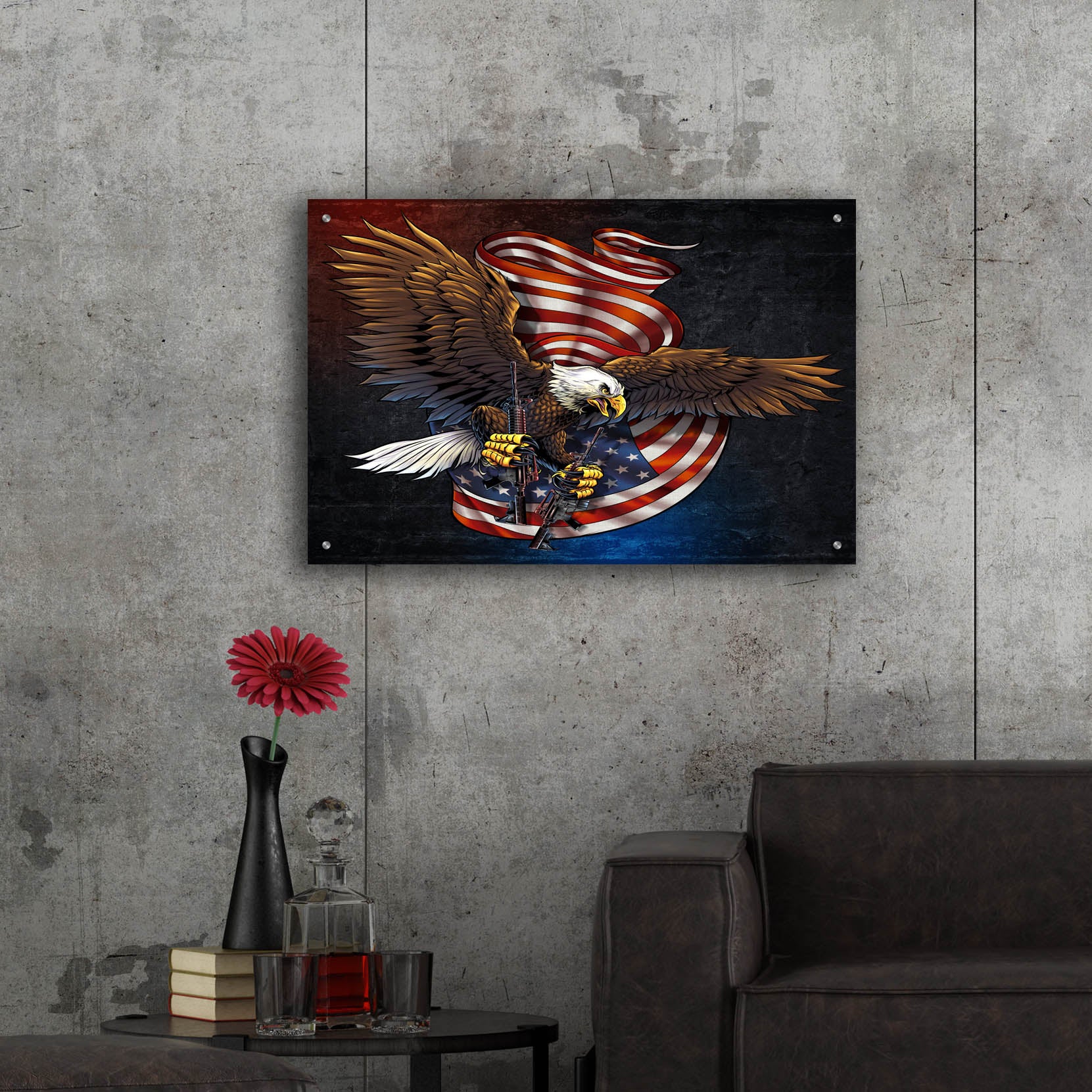 Epic Art 'Eagle and Guns' by Flyland Designs, Acrylic Glass Wall Art,36x24