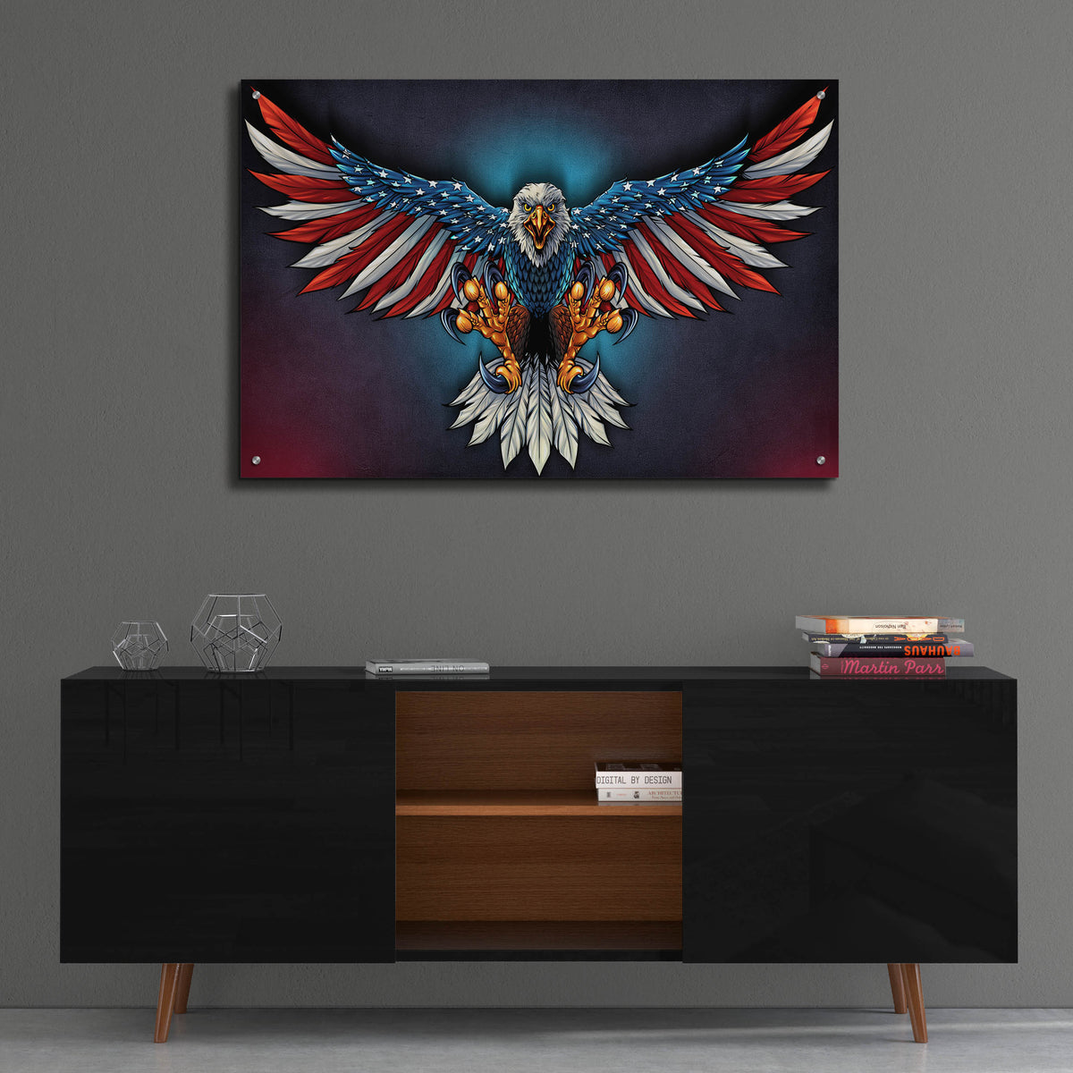 Epic Art 'Eagle With US Flag Wings Spread' by Flyland Designs, Acrylic Glass Wall Art,36x24