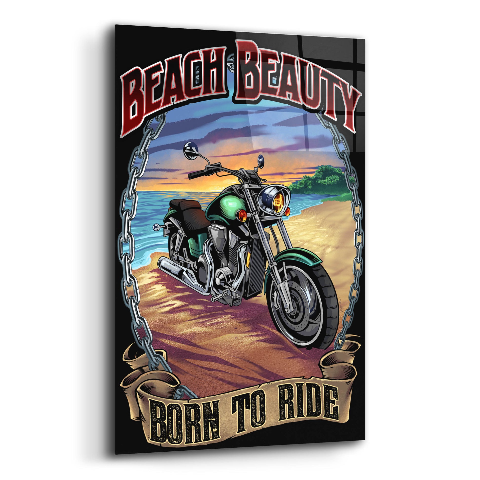 Epic Art 'Motorcycle On Beach' by Flyland Designs, Acrylic Glass Wall Art,12x16