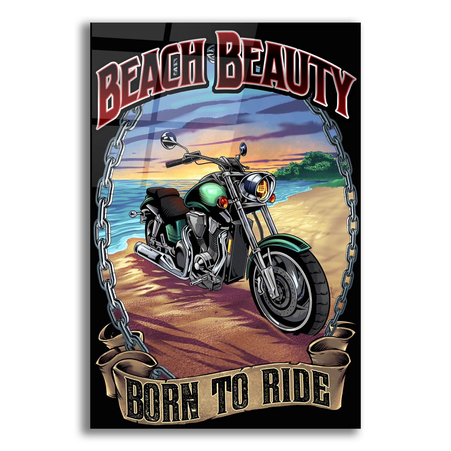 Epic Art 'Motorcycle On Beach' by Flyland Designs, Acrylic Glass Wall Art,12x16