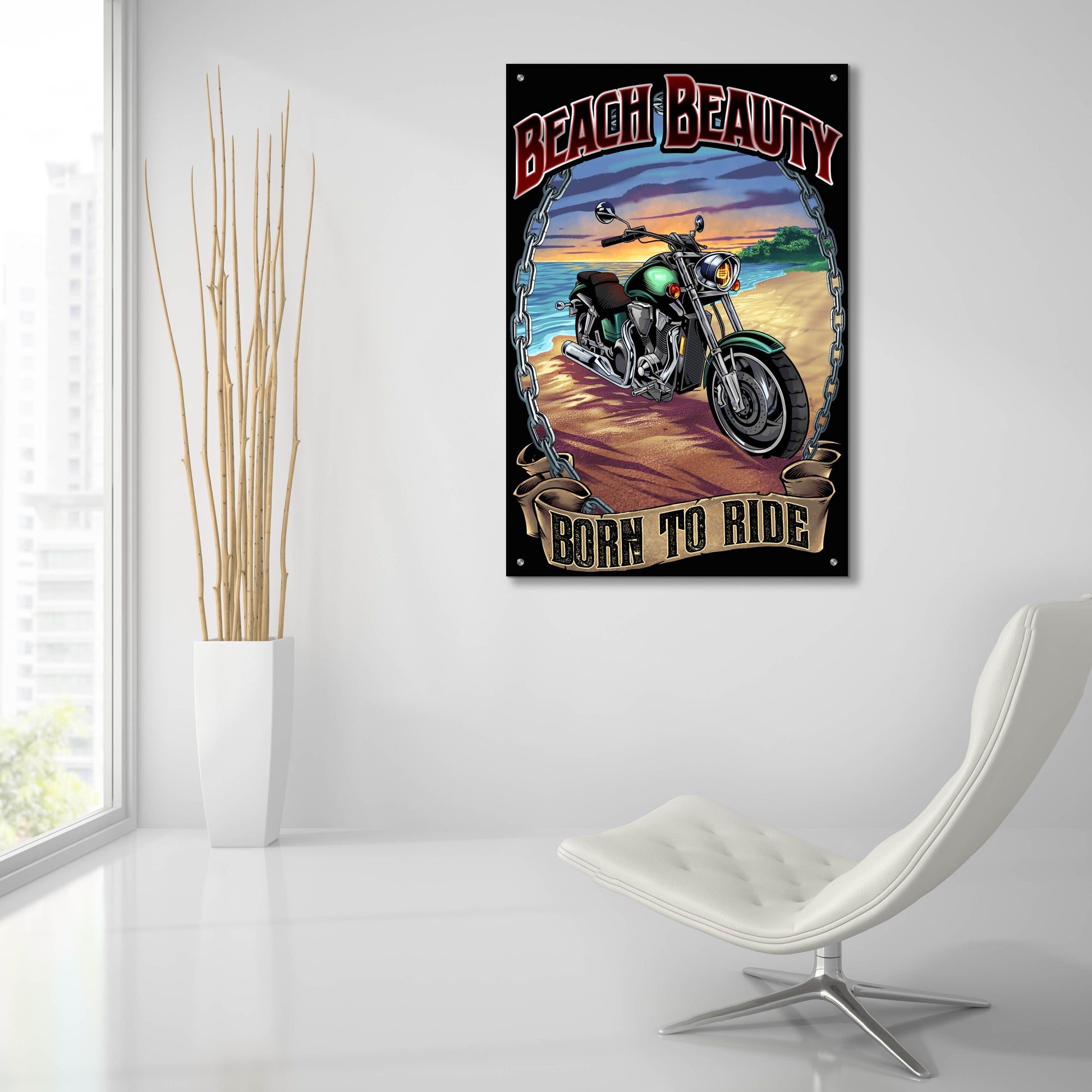 Epic Art 'Motorcycle On Beach' by Flyland Designs, Acrylic Glass Wall Art,24x36