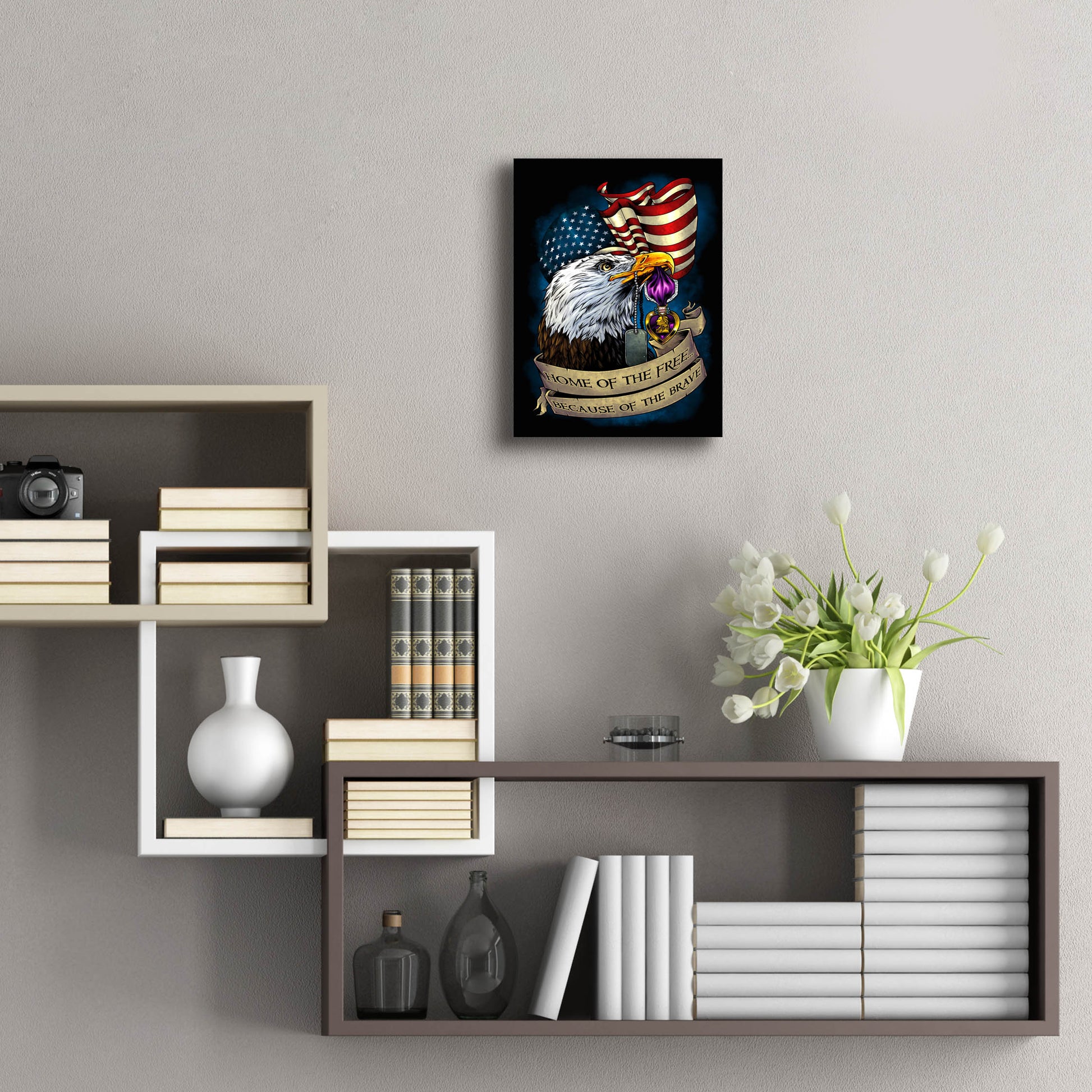 Epic Art 'Purple Heart Eagle and Flag 01' by Flyland Designs, Acrylic Glass Wall Art,12x16