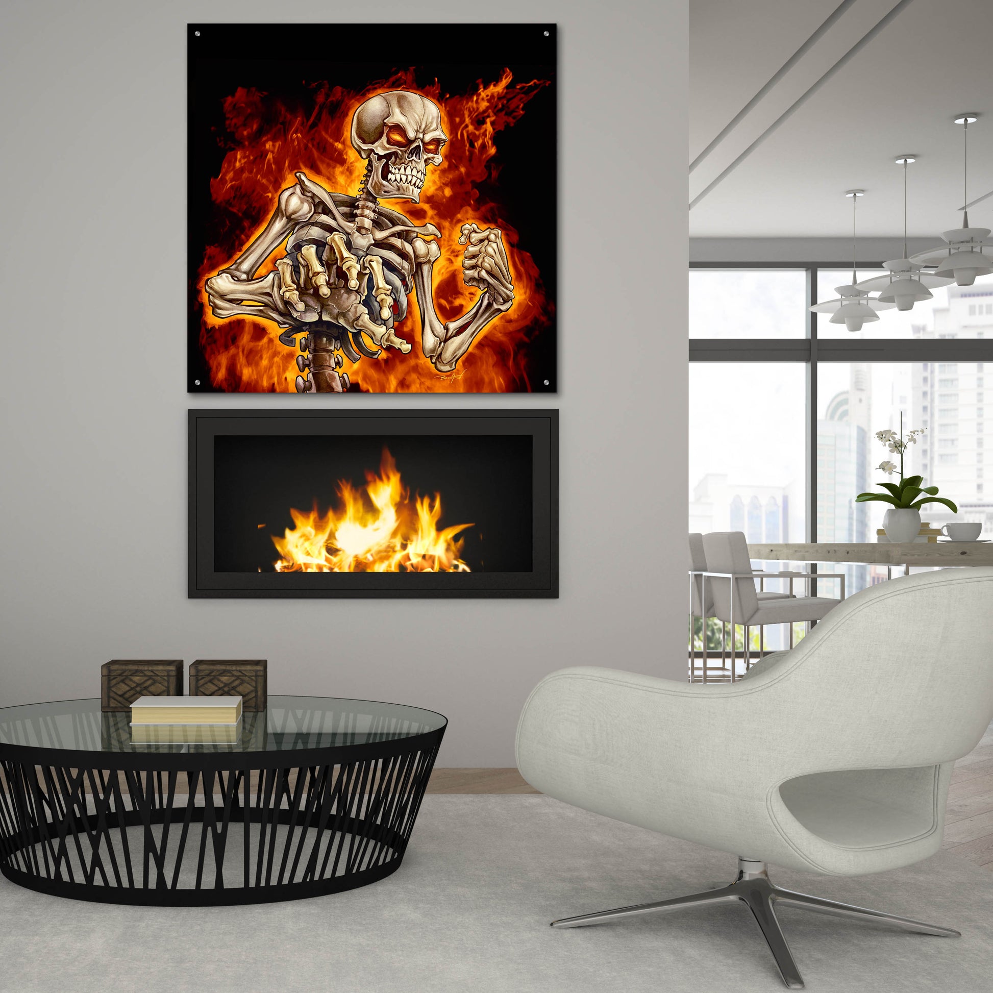 Epic Art 'Skeleton With Fire' by Flyland Designs, Acrylic Glass Wall Art,36x36