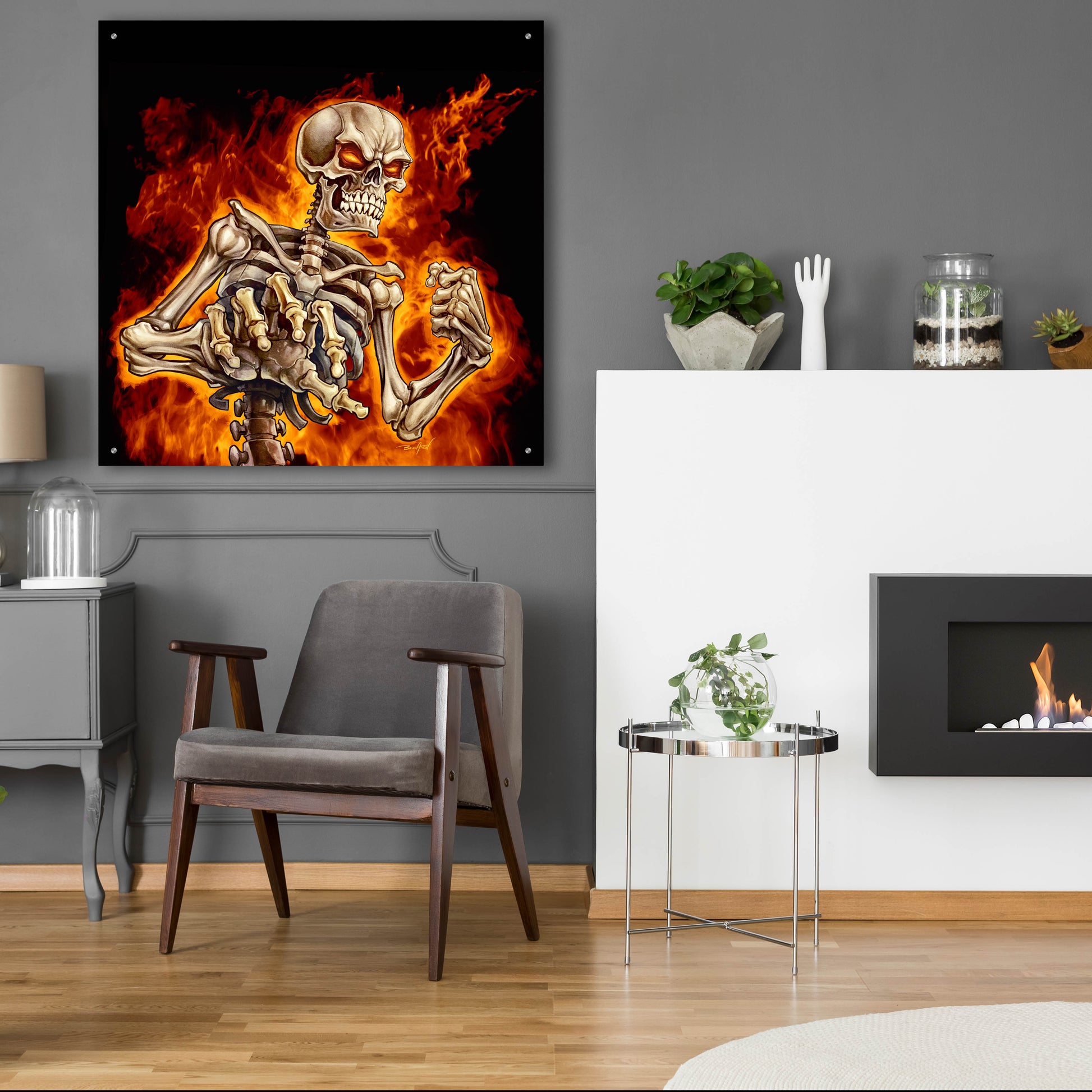 Epic Art 'Skeleton With Fire' by Flyland Designs, Acrylic Glass Wall Art,36x36