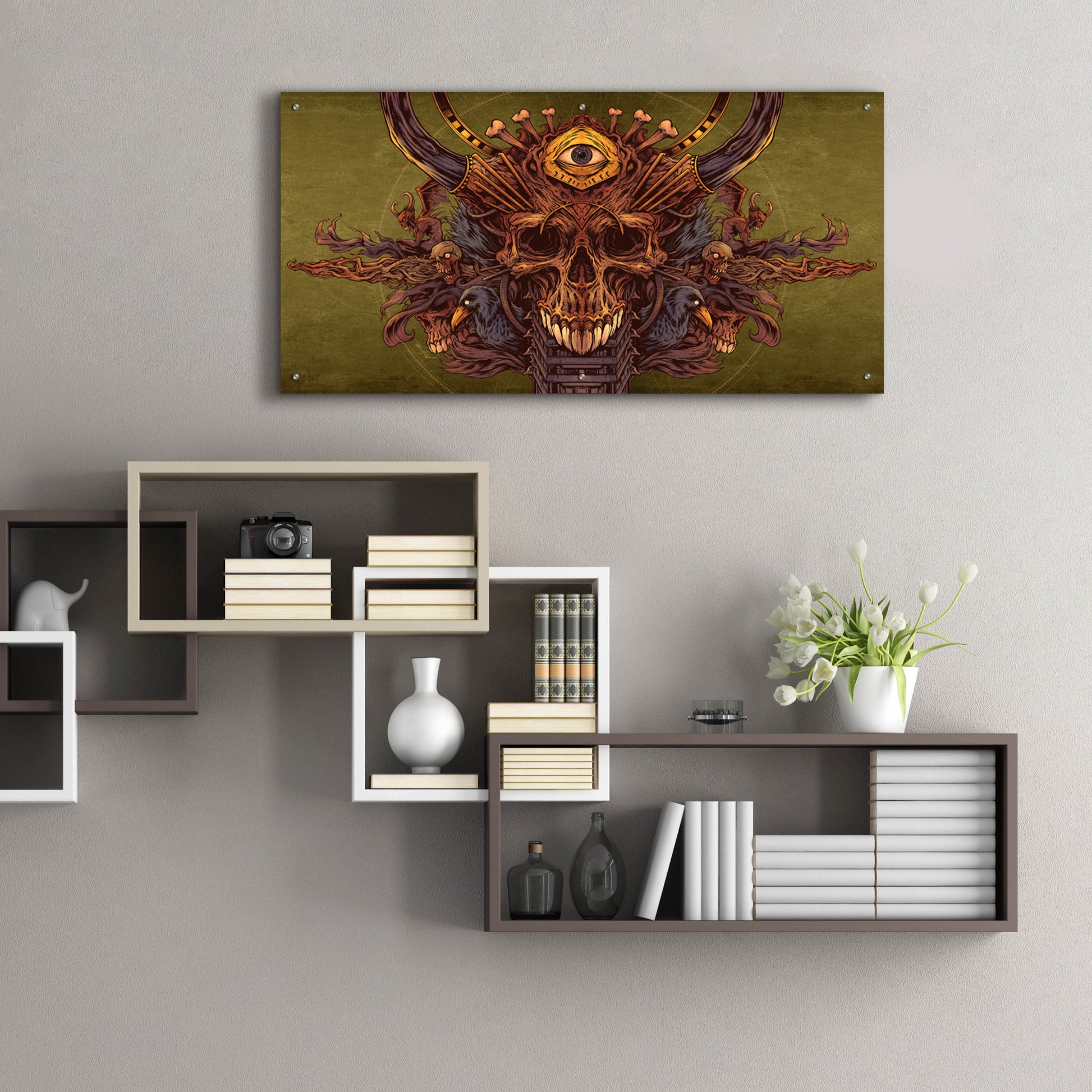 Epic Art 'Skull And Pyramid Eye' by Flyland Designs, Acrylic Glass Wall Art,48x24