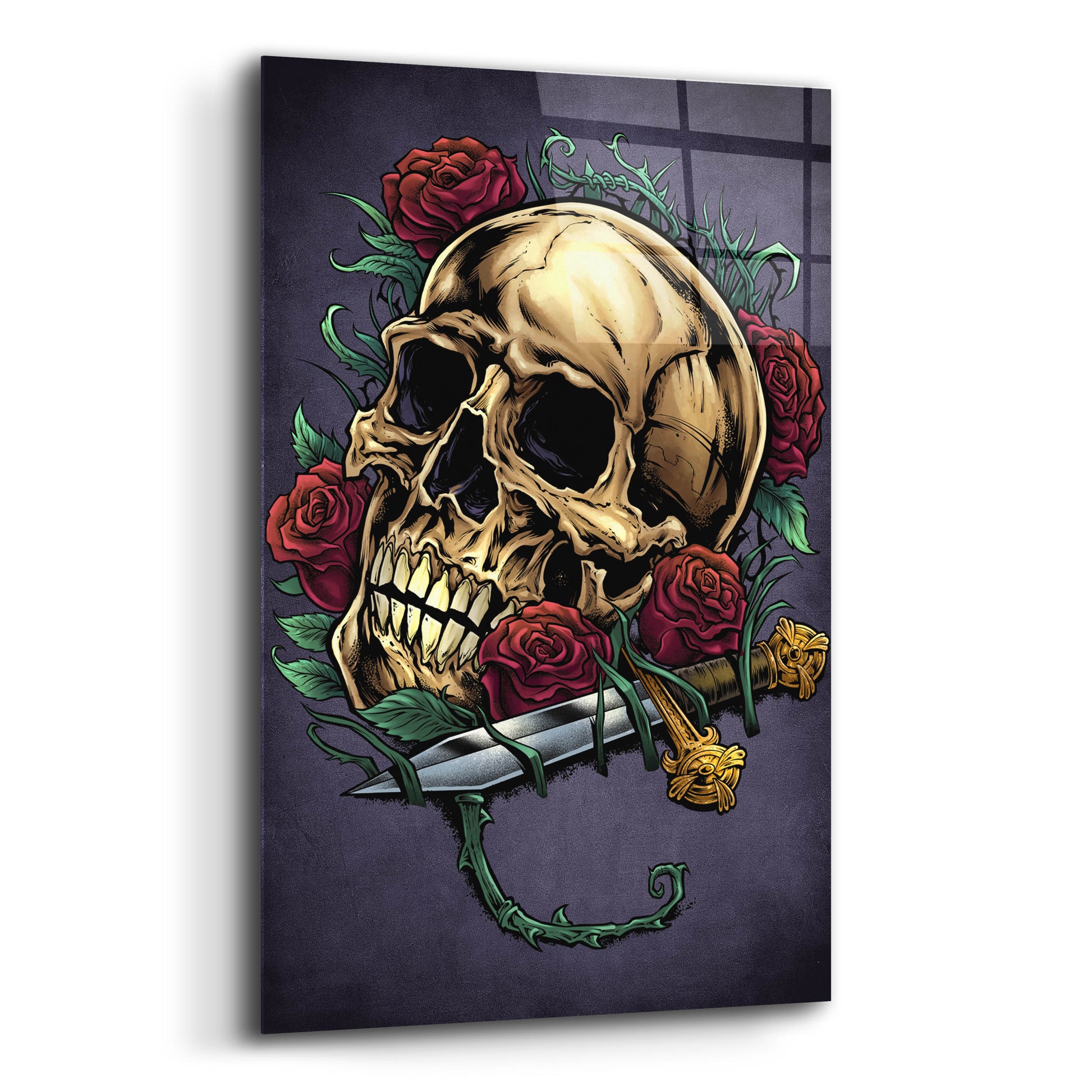 Epic Art 'Skull, Roses, And Dagger' by Flyland Designs, Acrylic Glass Wall Art,12x16