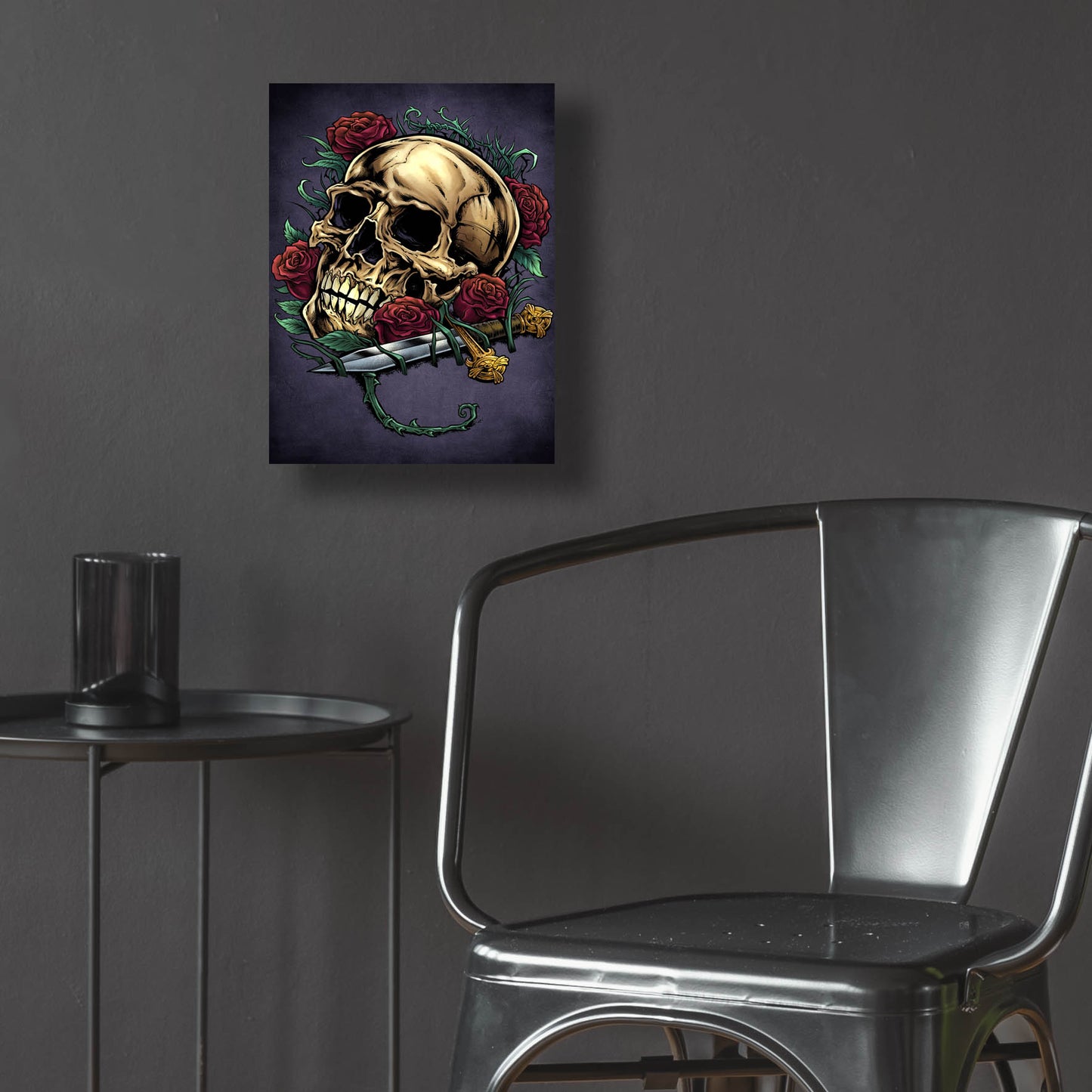 Epic Art 'Skull, Roses, And Dagger' by Flyland Designs, Acrylic Glass Wall Art,12x16