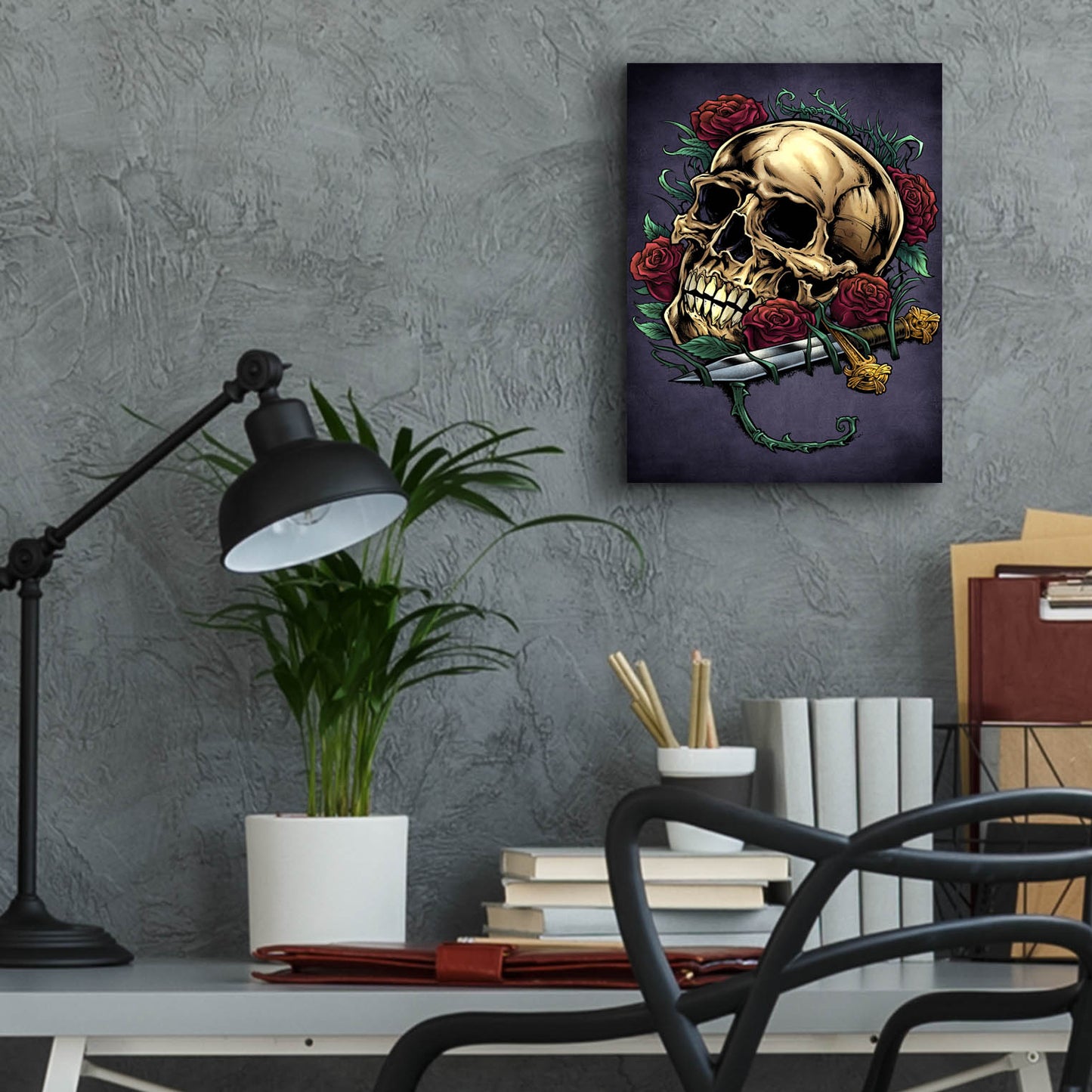 Epic Art 'Skull, Roses, And Dagger' by Flyland Designs, Acrylic Glass Wall Art,12x16