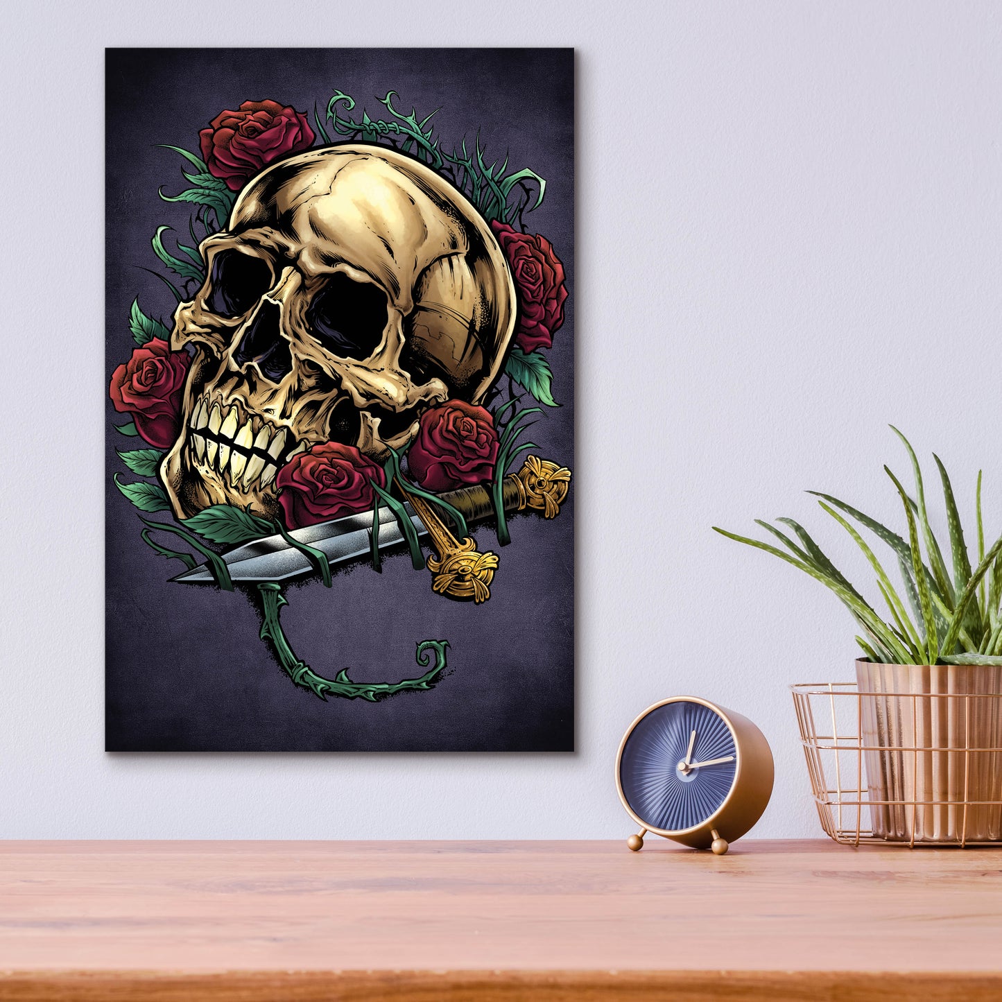 Epic Art 'Skull, Roses, And Dagger' by Flyland Designs, Acrylic Glass Wall Art,12x16