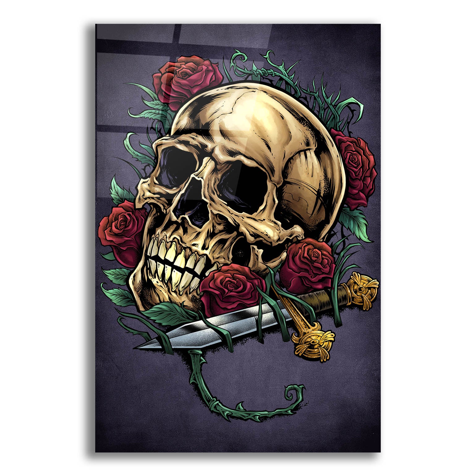 Epic Art 'Skull, Roses, And Dagger' by Flyland Designs, Acrylic Glass Wall Art,12x16