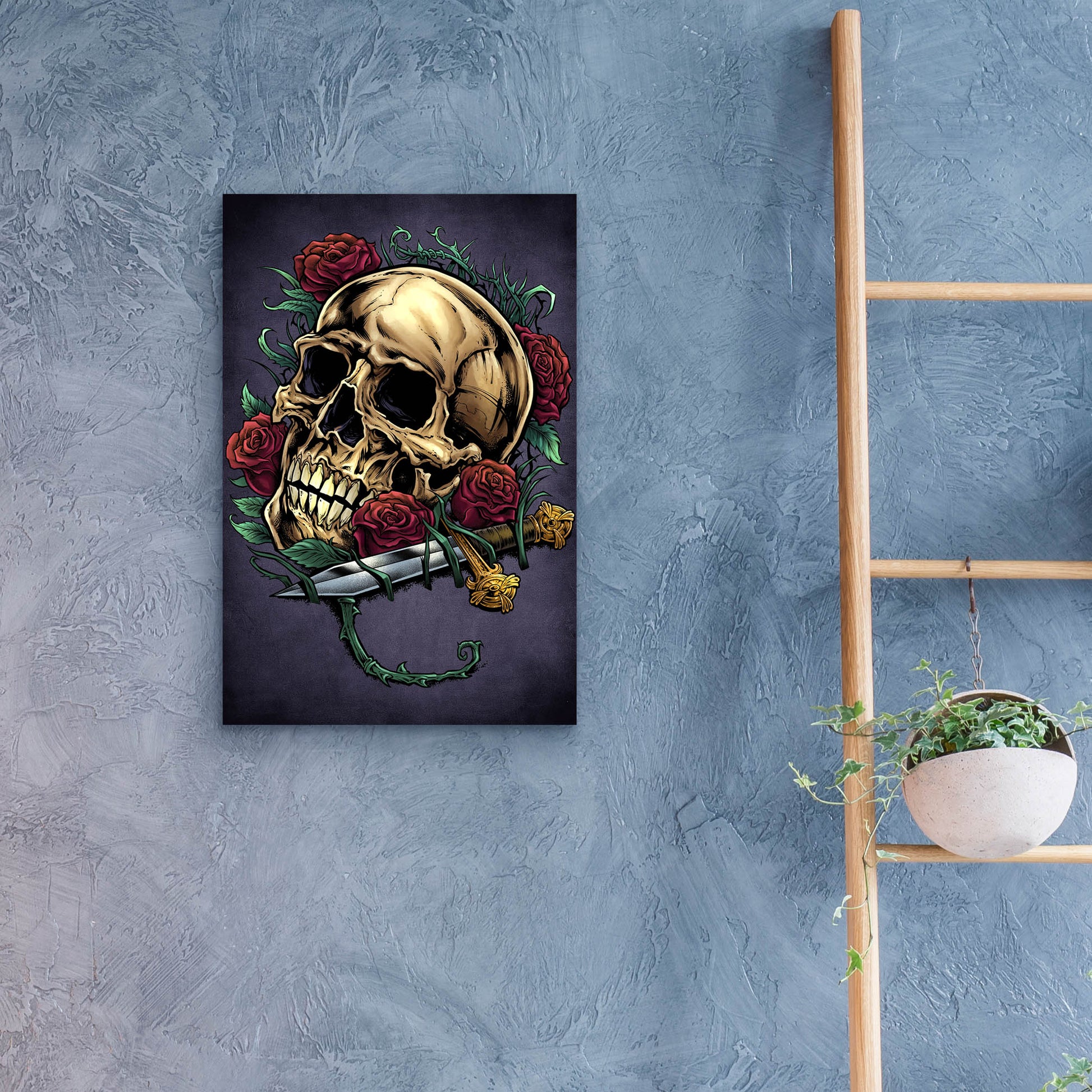 Epic Art 'Skull, Roses, And Dagger' by Flyland Designs, Acrylic Glass Wall Art,16x24