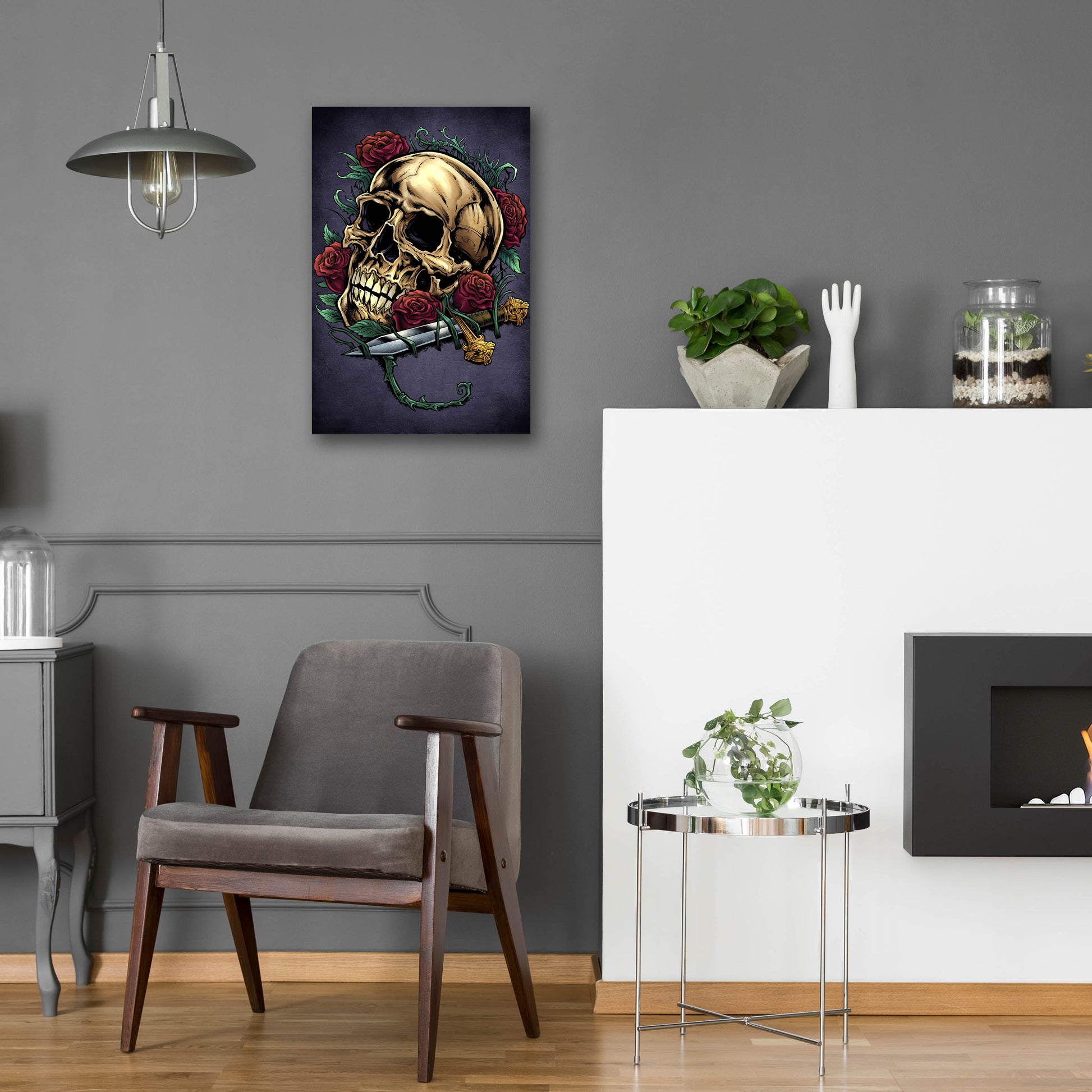 Epic Art 'Skull, Roses, And Dagger' by Flyland Designs, Acrylic Glass Wall Art,16x24