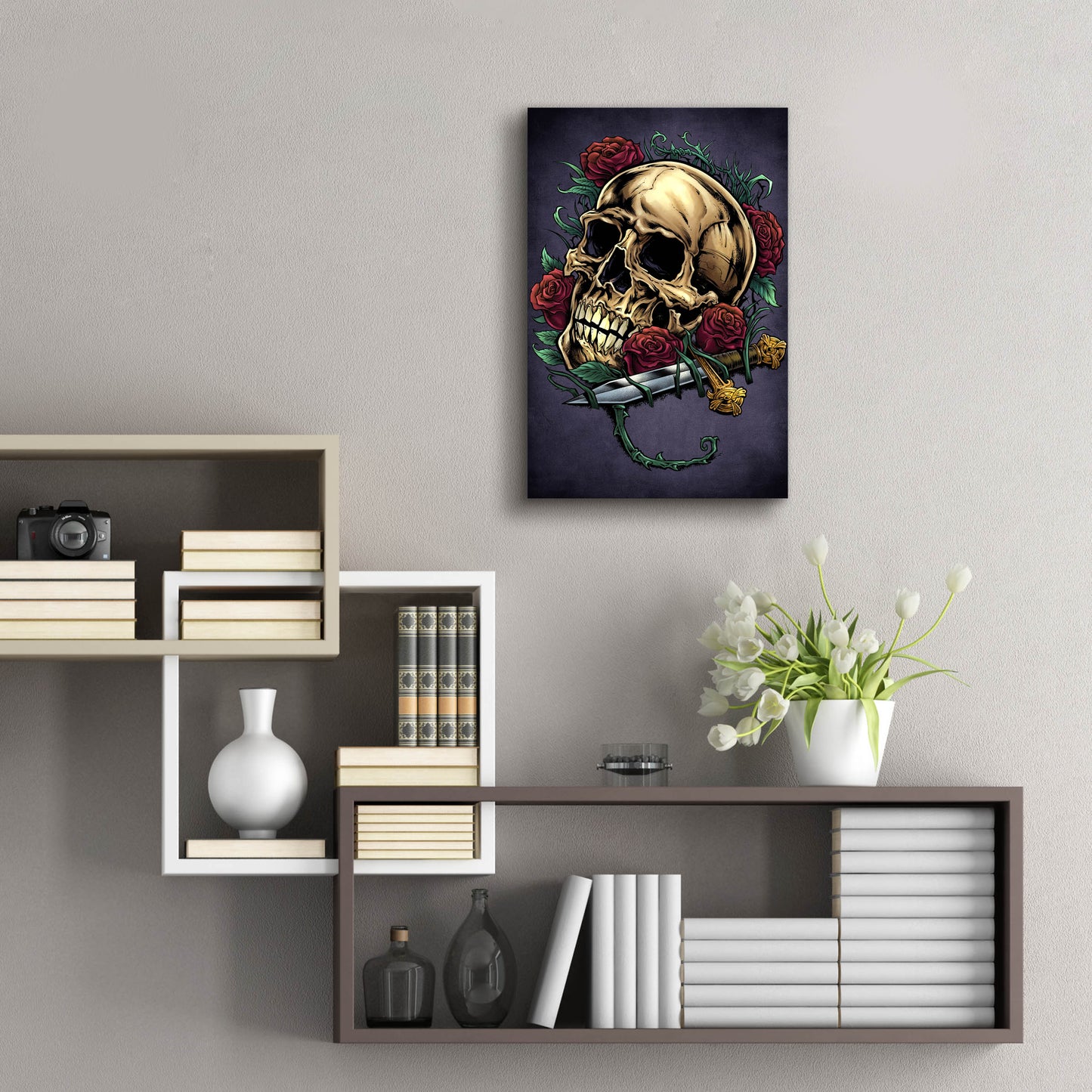 Epic Art 'Skull, Roses, And Dagger' by Flyland Designs, Acrylic Glass Wall Art,16x24