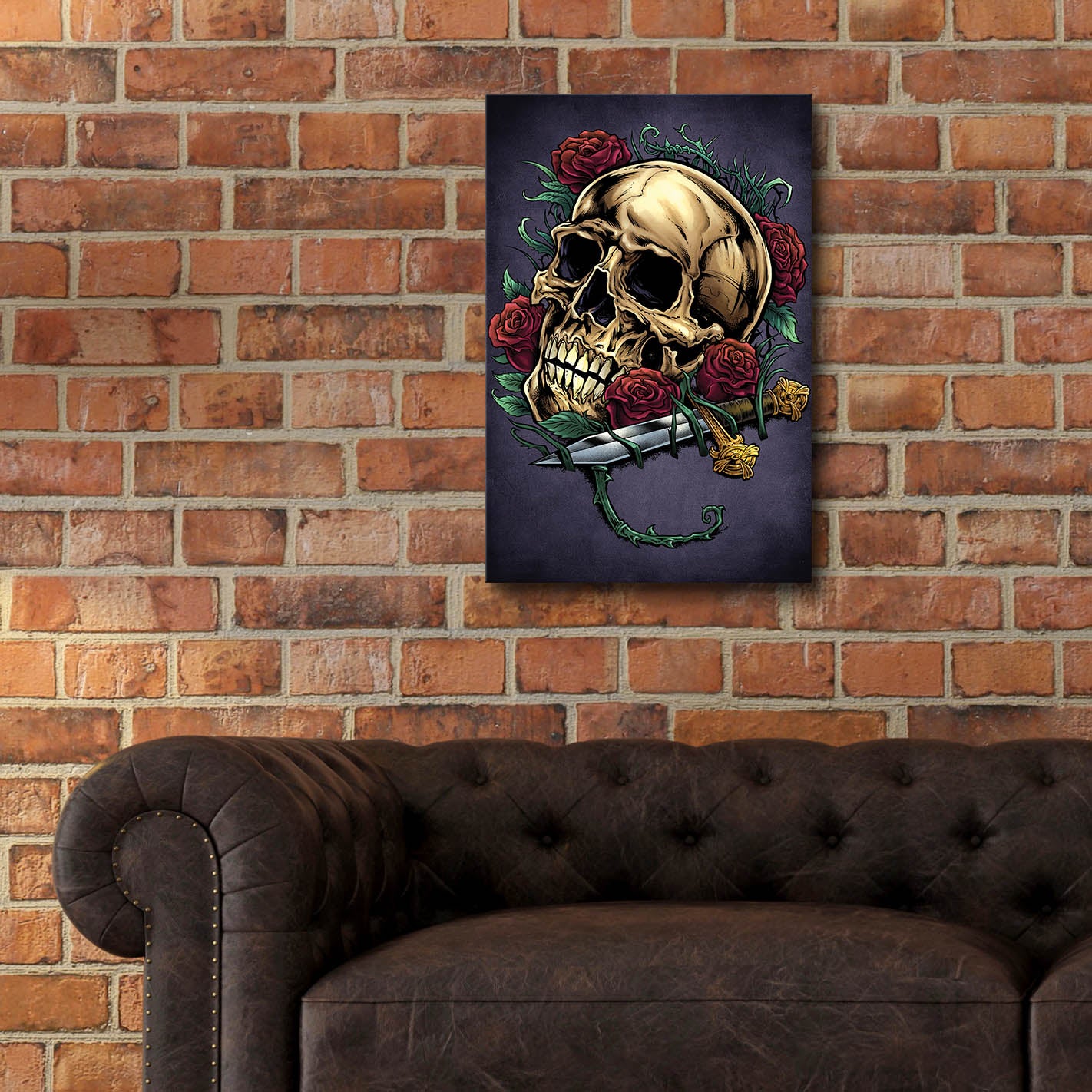 Epic Art 'Skull, Roses, And Dagger' by Flyland Designs, Acrylic Glass Wall Art,16x24