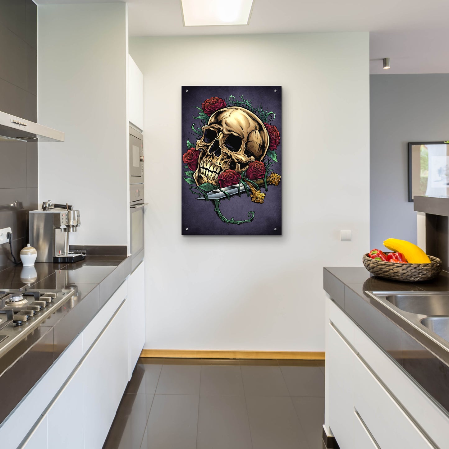 Epic Art 'Skull, Roses, And Dagger' by Flyland Designs, Acrylic Glass Wall Art,24x36