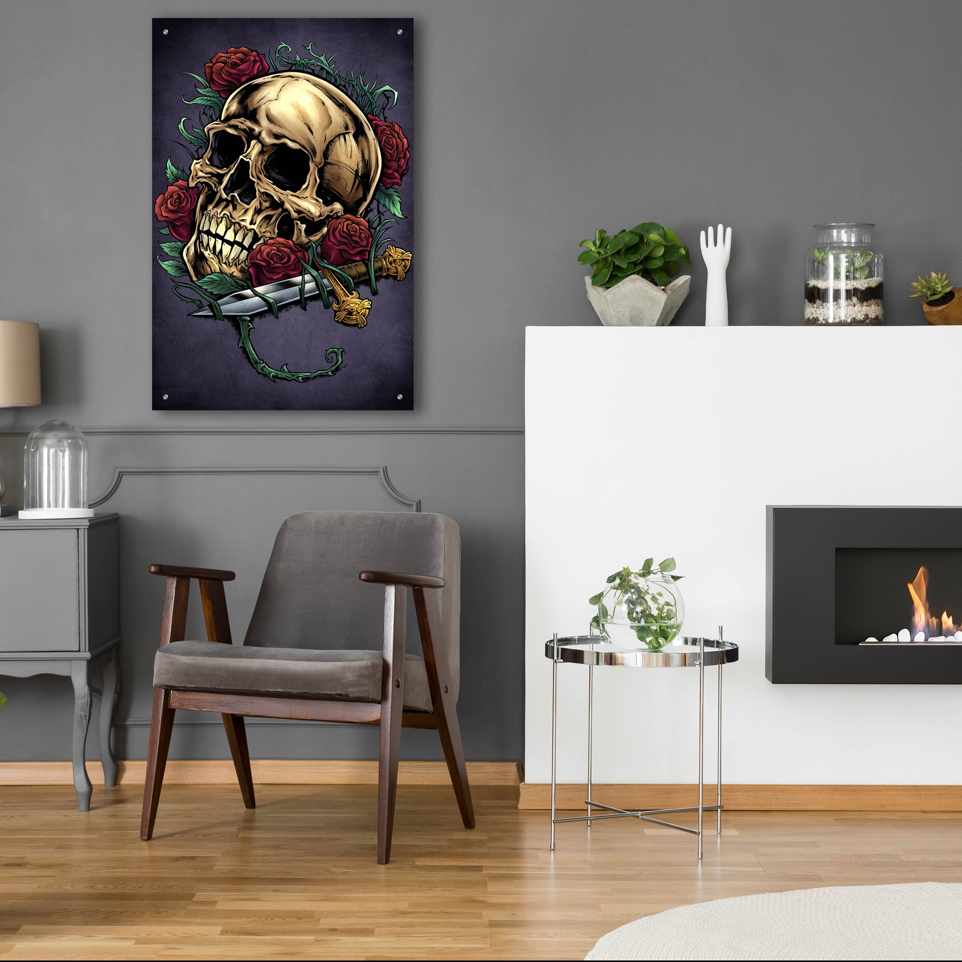 Epic Art 'Skull, Roses, And Dagger' by Flyland Designs, Acrylic Glass Wall Art,24x36