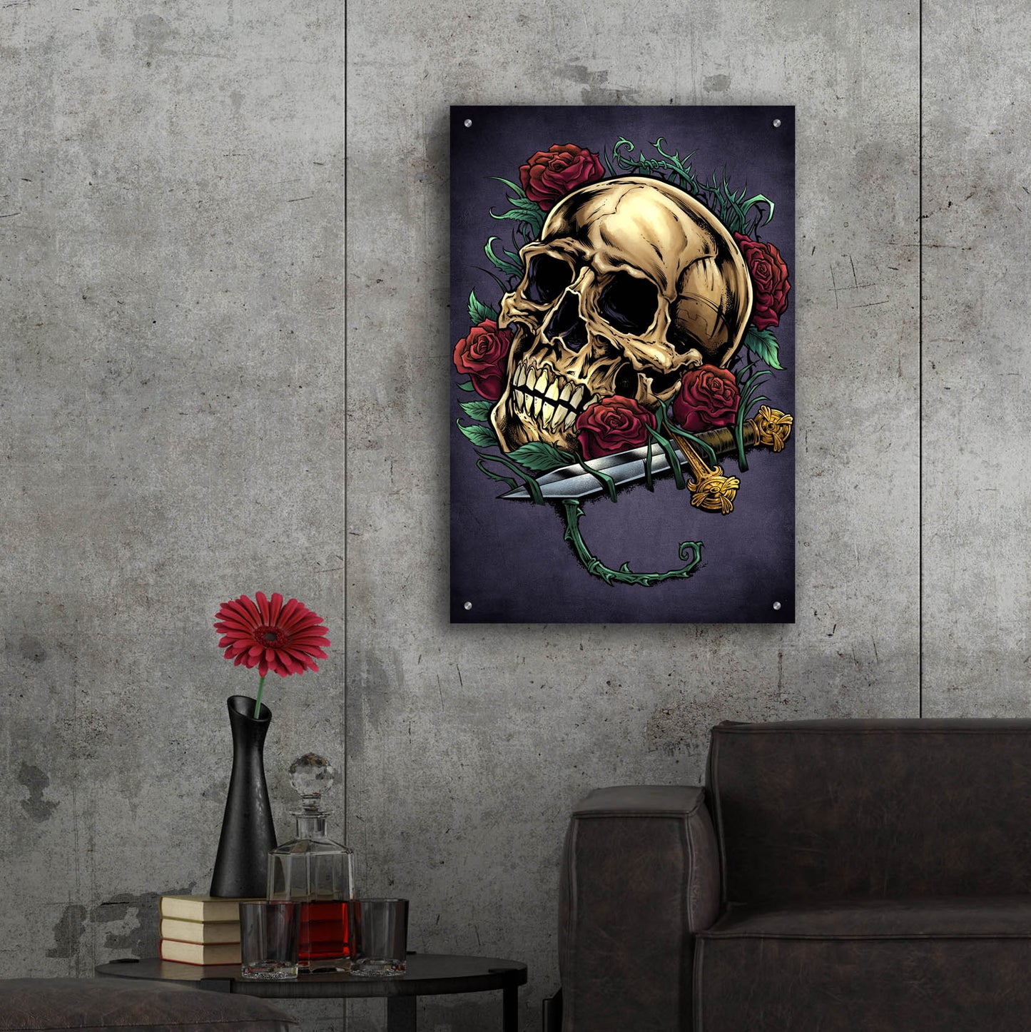 Epic Art 'Skull, Roses, And Dagger' by Flyland Designs, Acrylic Glass Wall Art,24x36