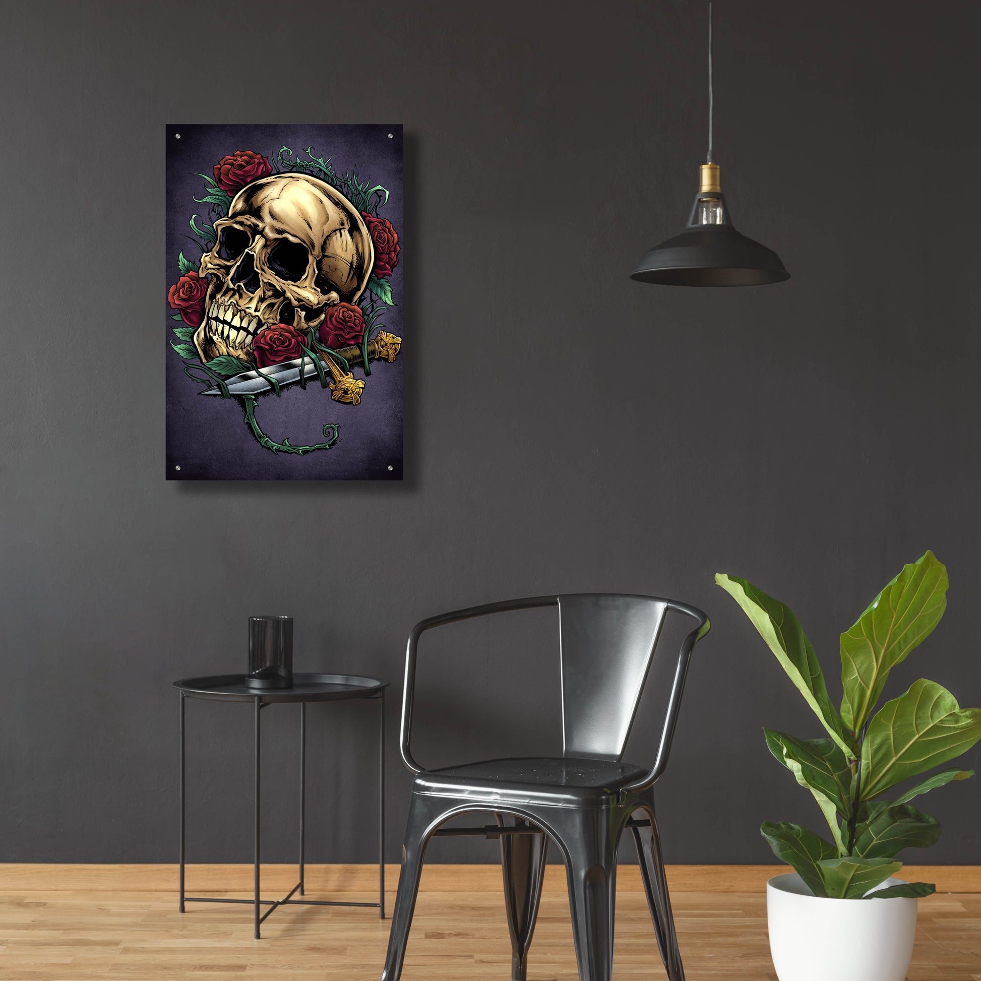 Epic Art 'Skull, Roses, And Dagger' by Flyland Designs, Acrylic Glass Wall Art,24x36