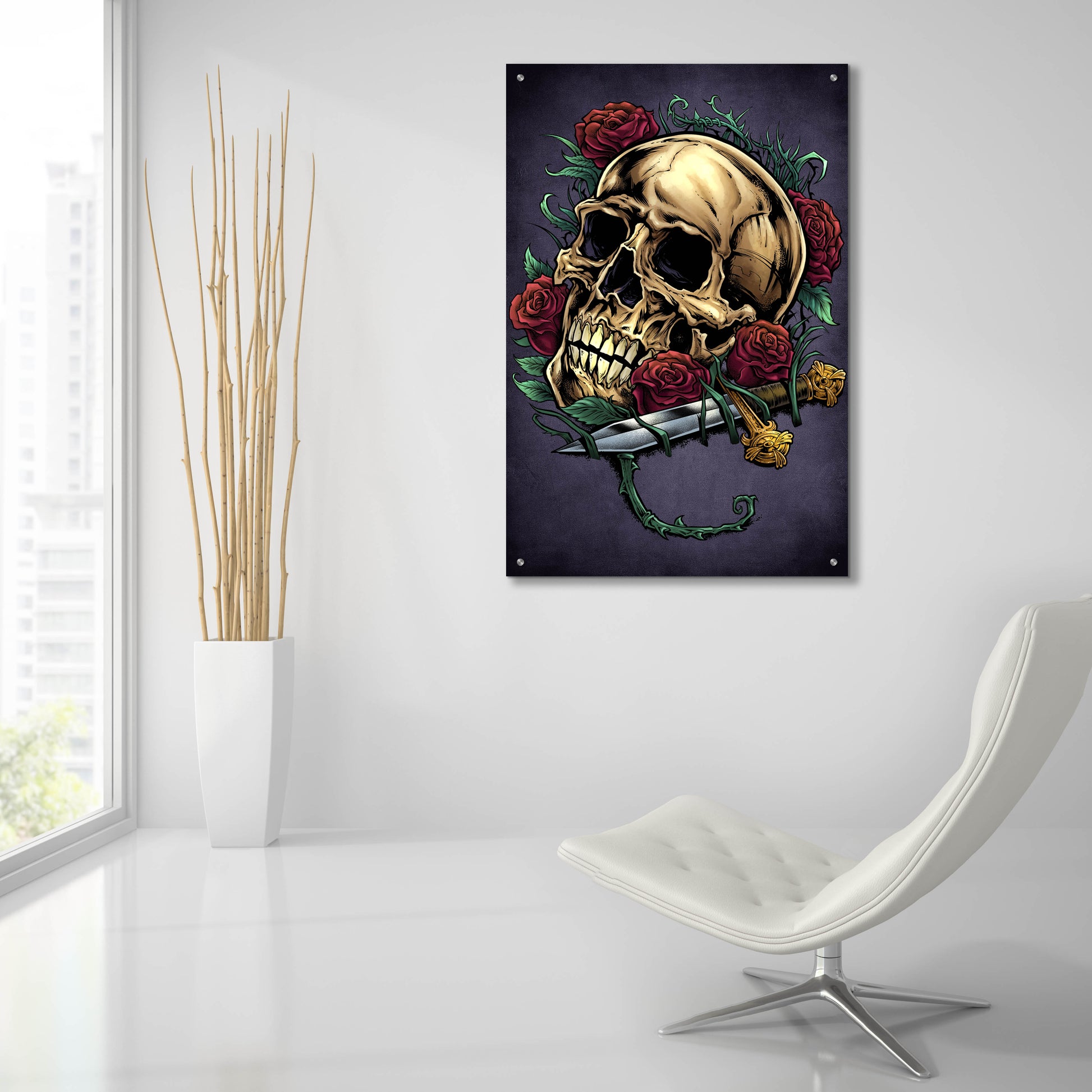 Epic Art 'Skull, Roses, And Dagger' by Flyland Designs, Acrylic Glass Wall Art,24x36