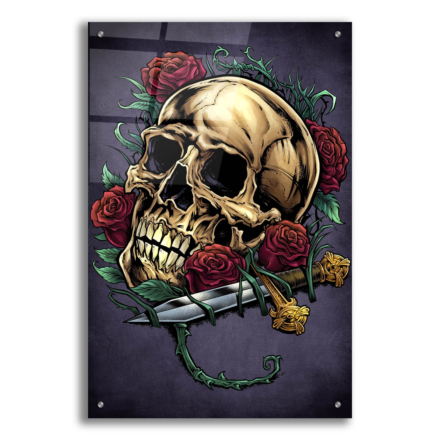 Epic Art 'Skull, Roses, And Dagger' by Flyland Designs, Acrylic Glass Wall Art,24x36