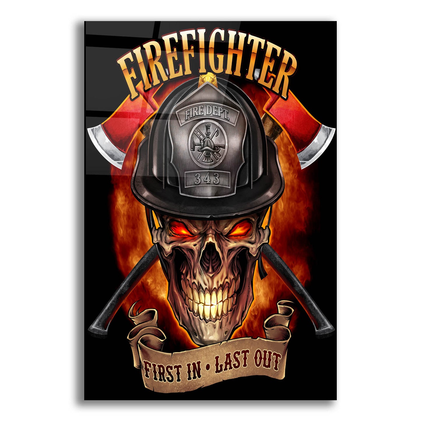 Epic Art 'Fire Fighter Skull' by Flyland Designs, Acrylic Glass Wall Art,16x24