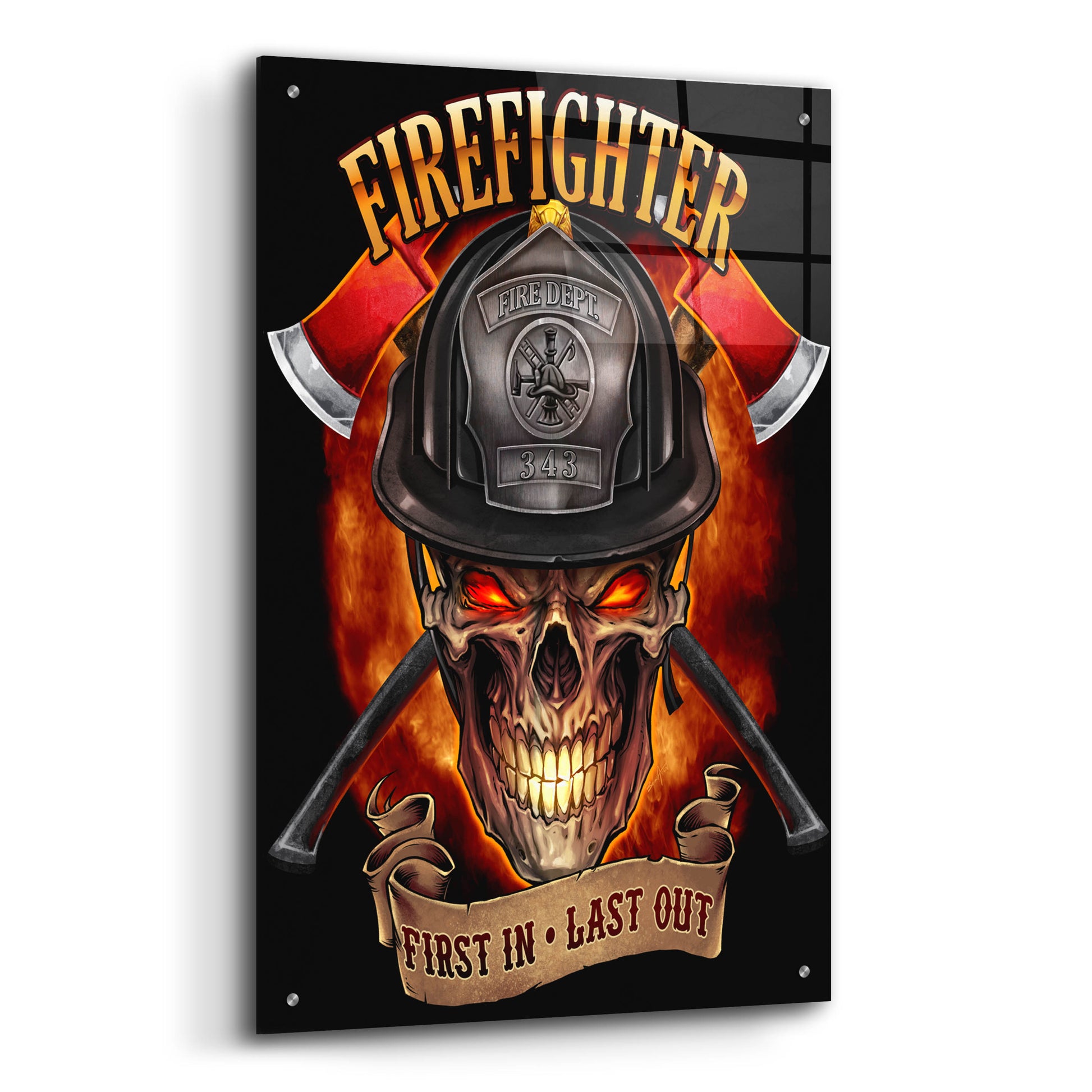Epic Art 'Fire Fighter Skull' by Flyland Designs, Acrylic Glass Wall Art,24x36