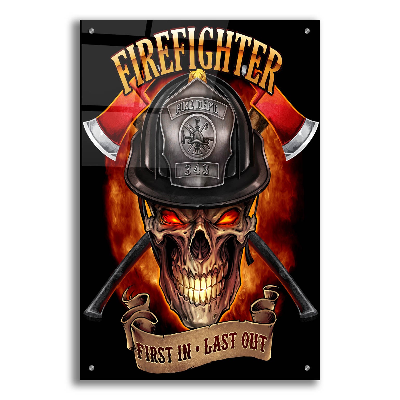 Epic Art 'Fire Fighter Skull' by Flyland Designs, Acrylic Glass Wall Art,24x36