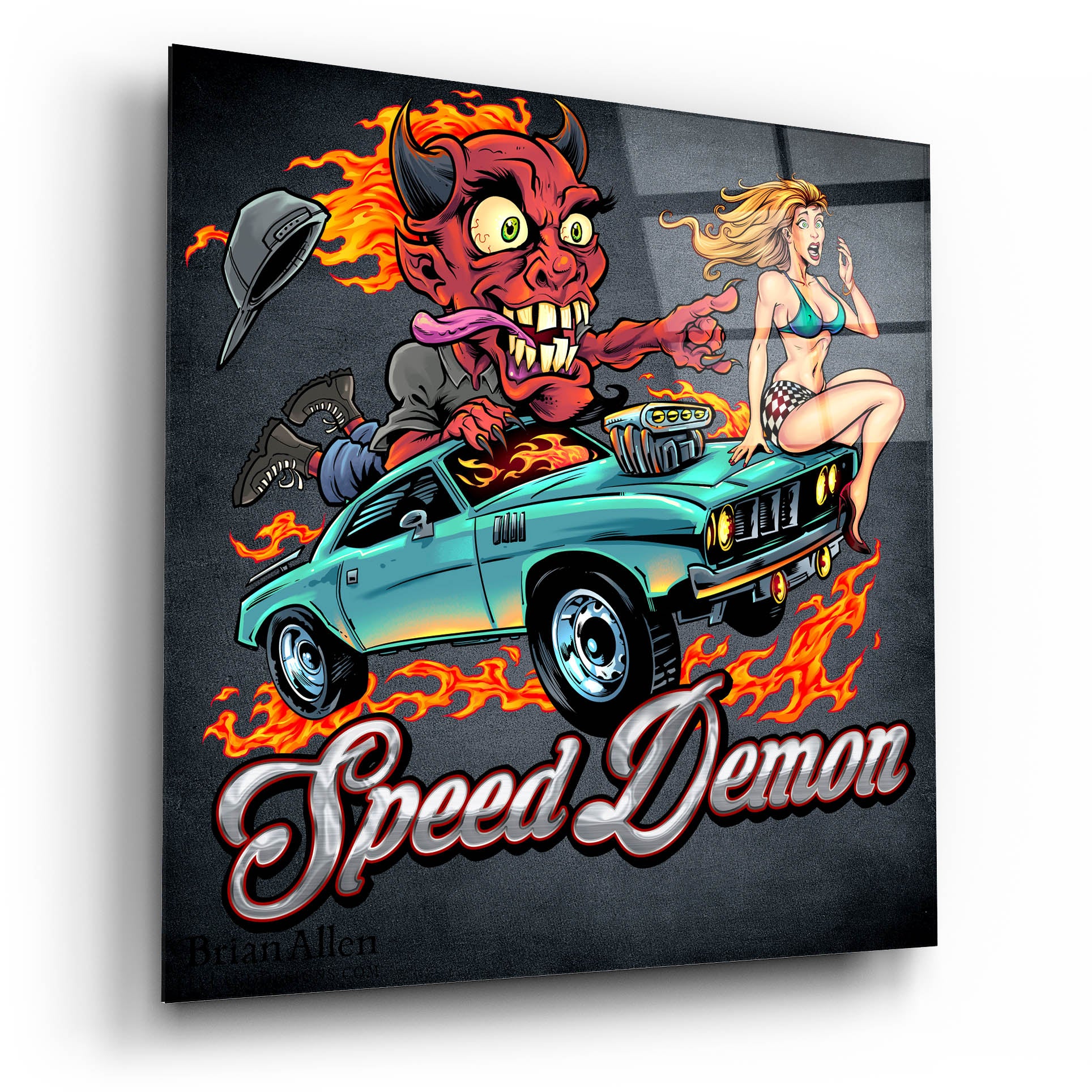 Epic Art 'Speed Demon Flaming Hot Rod' by Flyland Designs, Acrylic Glass Wall Art,12x12