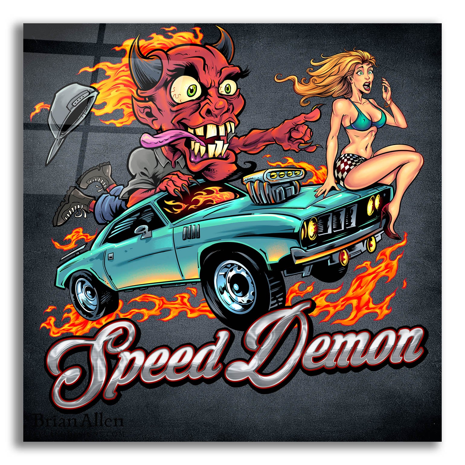 Epic Art 'Speed Demon Flaming Hot Rod' by Flyland Designs, Acrylic Glass Wall Art,12x12