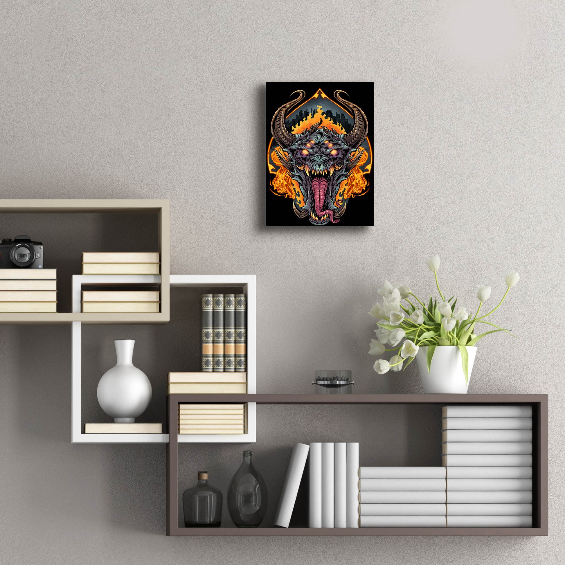 Epic Art 'Demon Face and Fire Skulls' by Flyland Designs, Acrylic Glass Wall Art,12x16