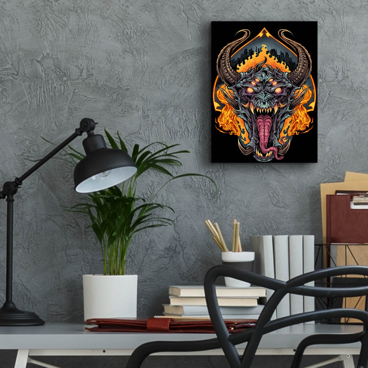 Epic Art 'Demon Face and Fire Skulls' by Flyland Designs, Acrylic Glass Wall Art,12x16