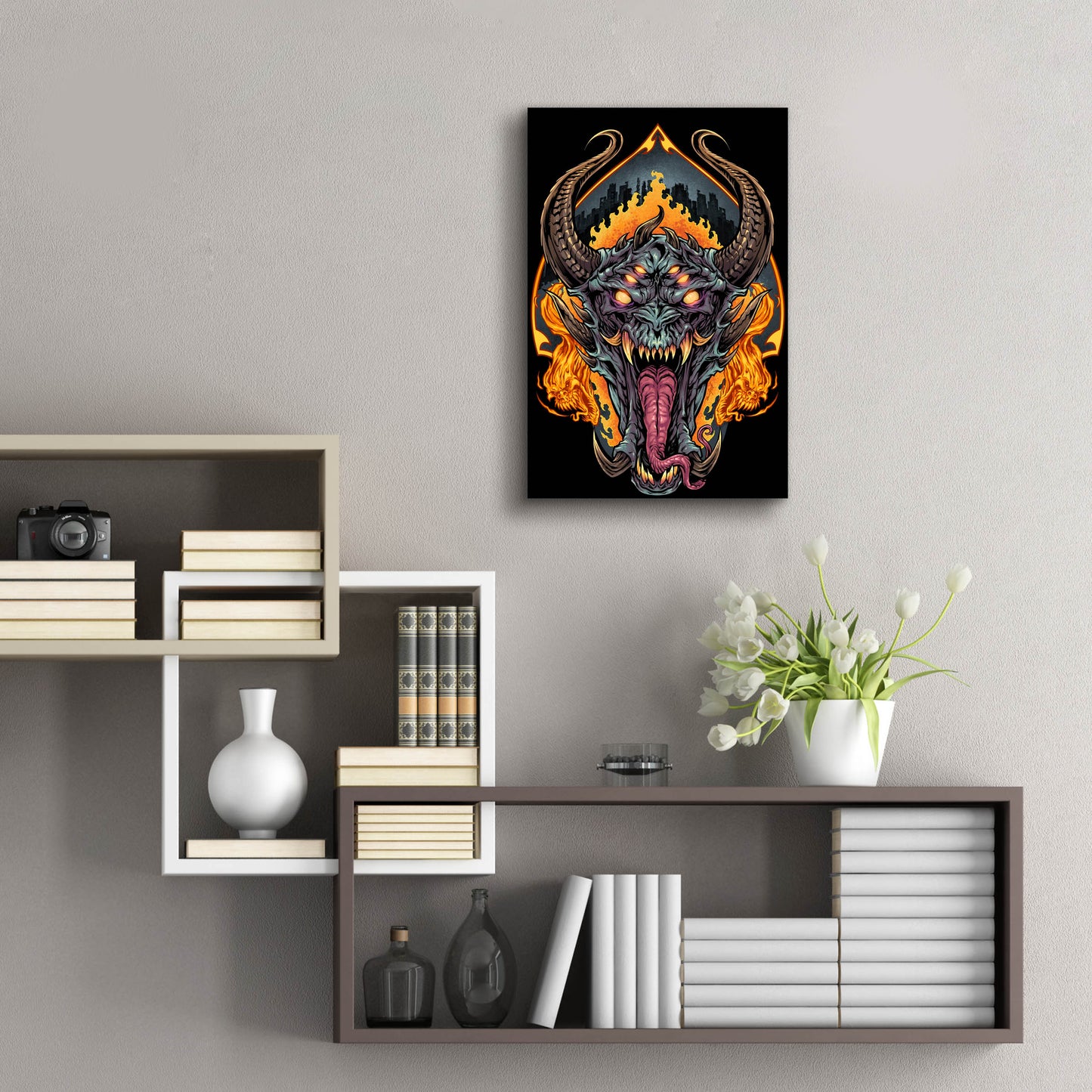 Epic Art 'Demon Face and Fire Skulls' by Flyland Designs, Acrylic Glass Wall Art,16x24