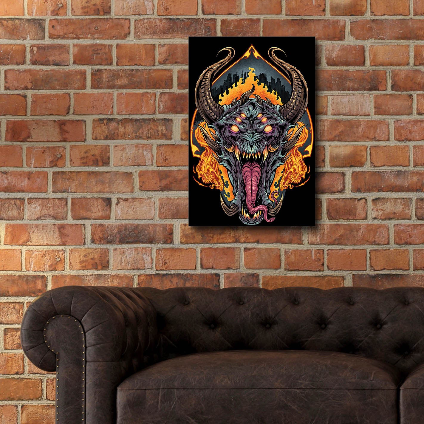 Epic Art 'Demon Face and Fire Skulls' by Flyland Designs, Acrylic Glass Wall Art,16x24