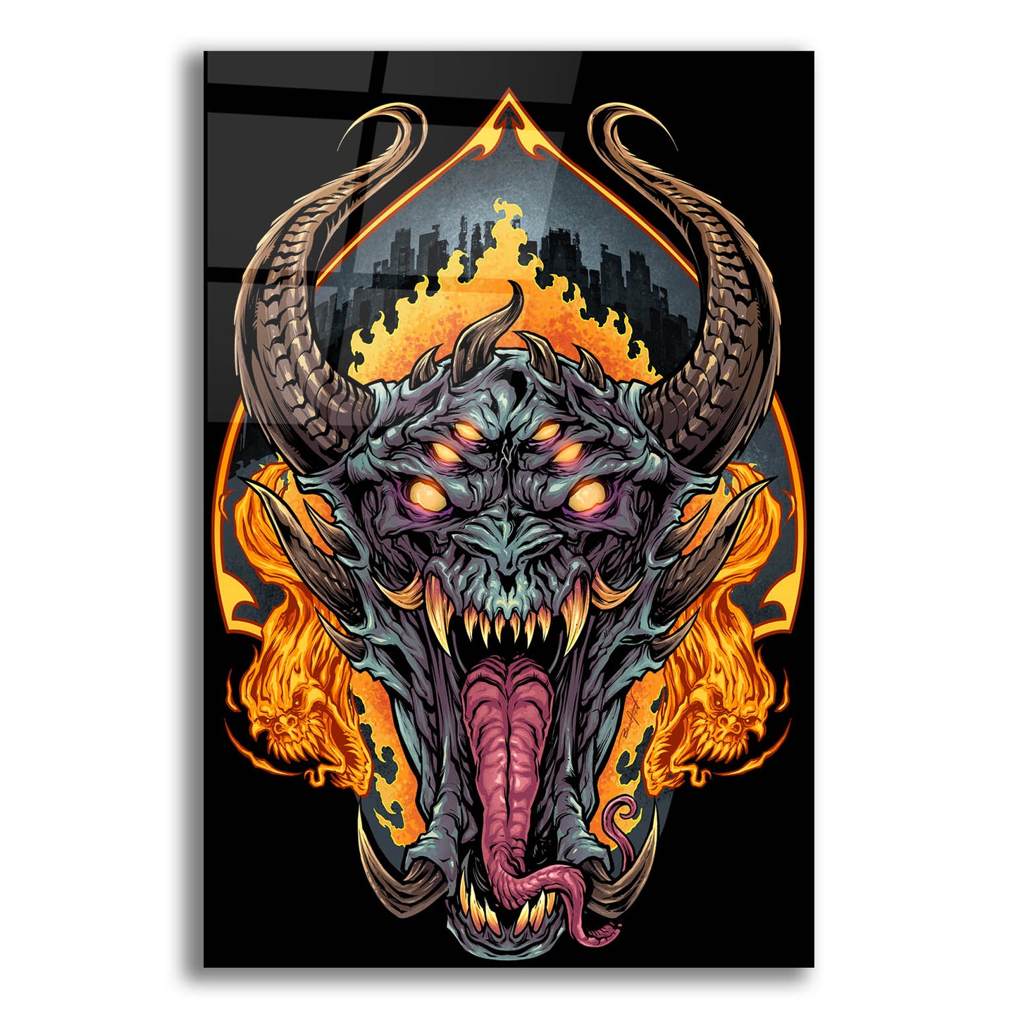 Epic Art 'Demon Face and Fire Skulls' by Flyland Designs, Acrylic Glass Wall Art,16x24