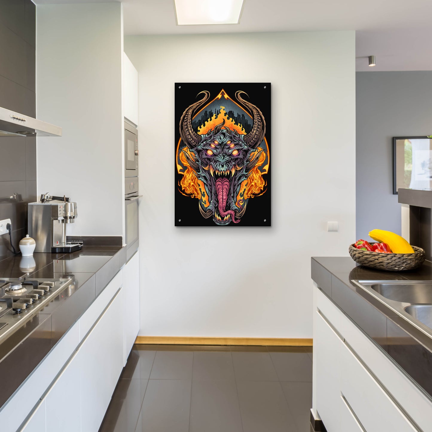 Epic Art 'Demon Face and Fire Skulls' by Flyland Designs, Acrylic Glass Wall Art,24x36