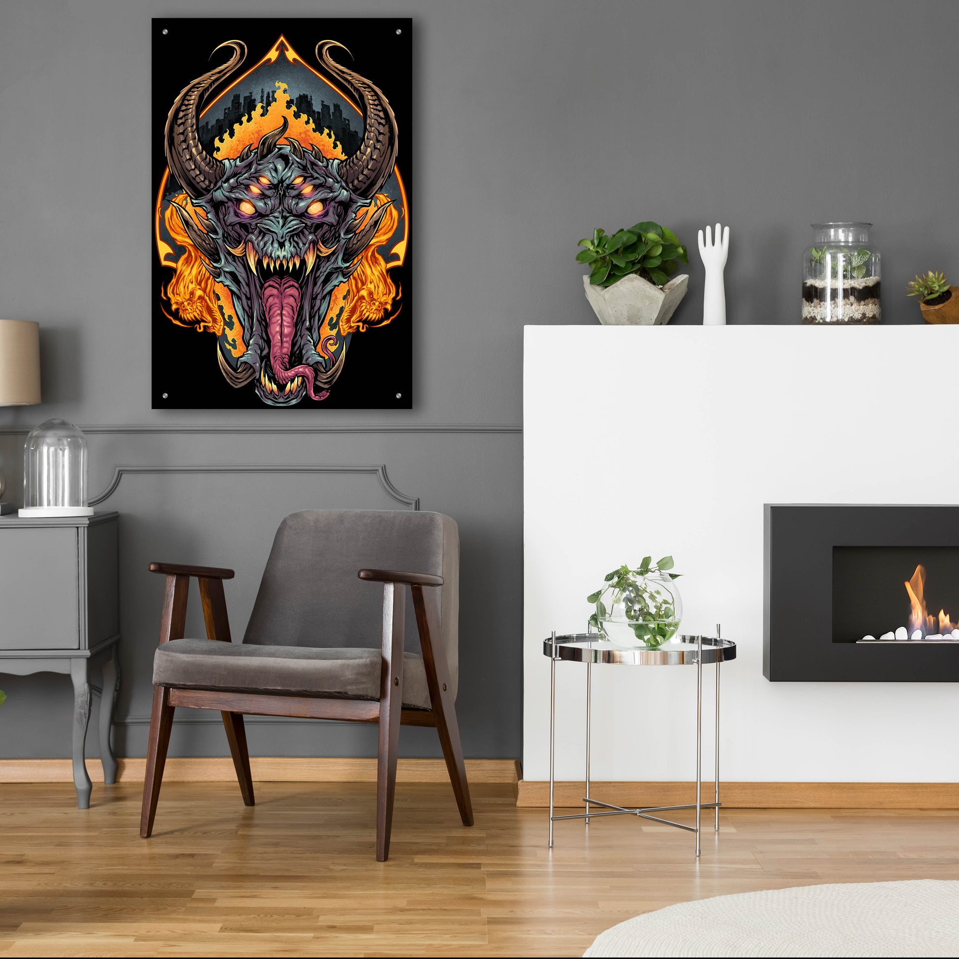 Epic Art 'Demon Face and Fire Skulls' by Flyland Designs, Acrylic Glass Wall Art,24x36