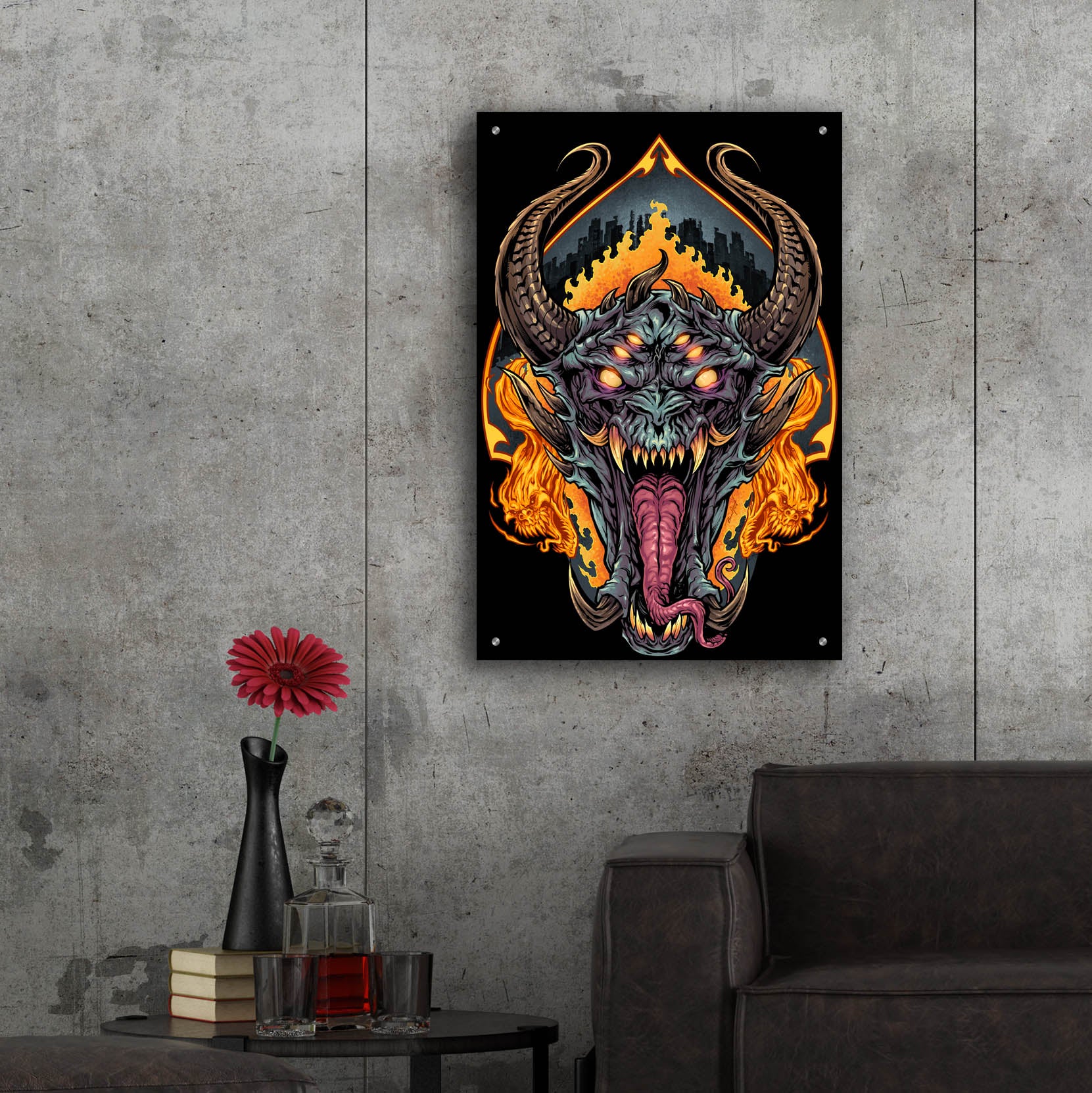 Epic Art 'Demon Face and Fire Skulls' by Flyland Designs, Acrylic Glass Wall Art,24x36