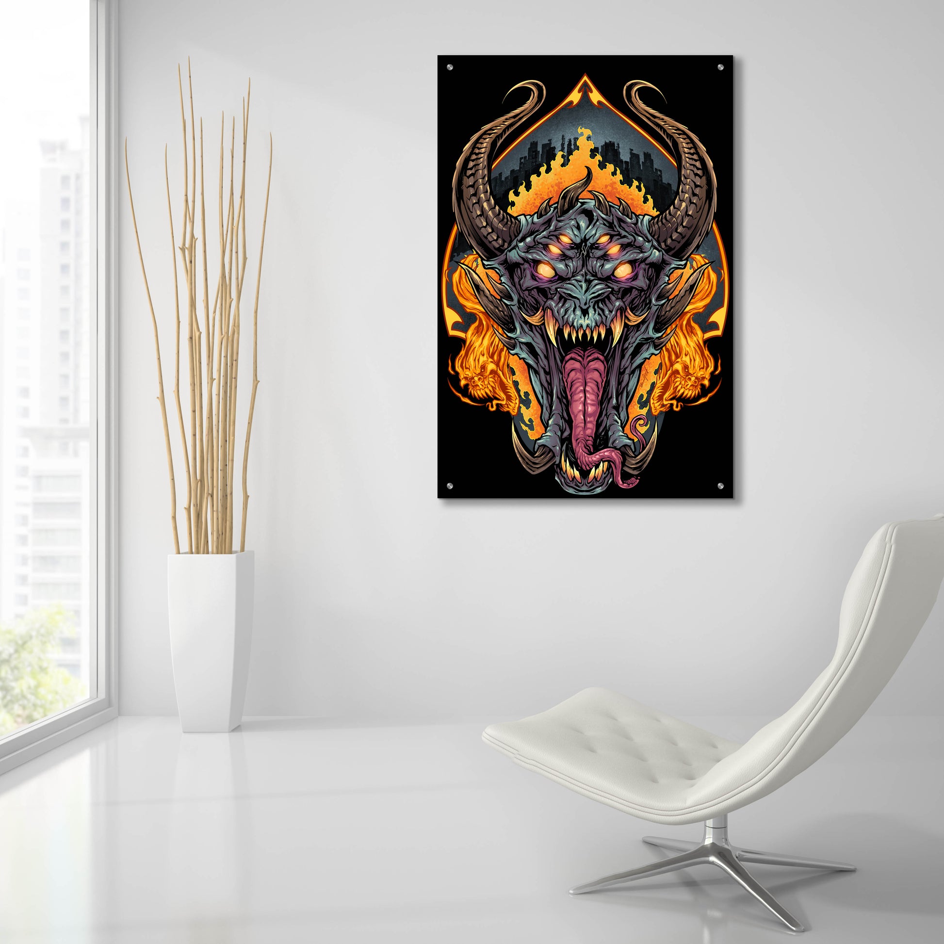 Epic Art 'Demon Face and Fire Skulls' by Flyland Designs, Acrylic Glass Wall Art,24x36