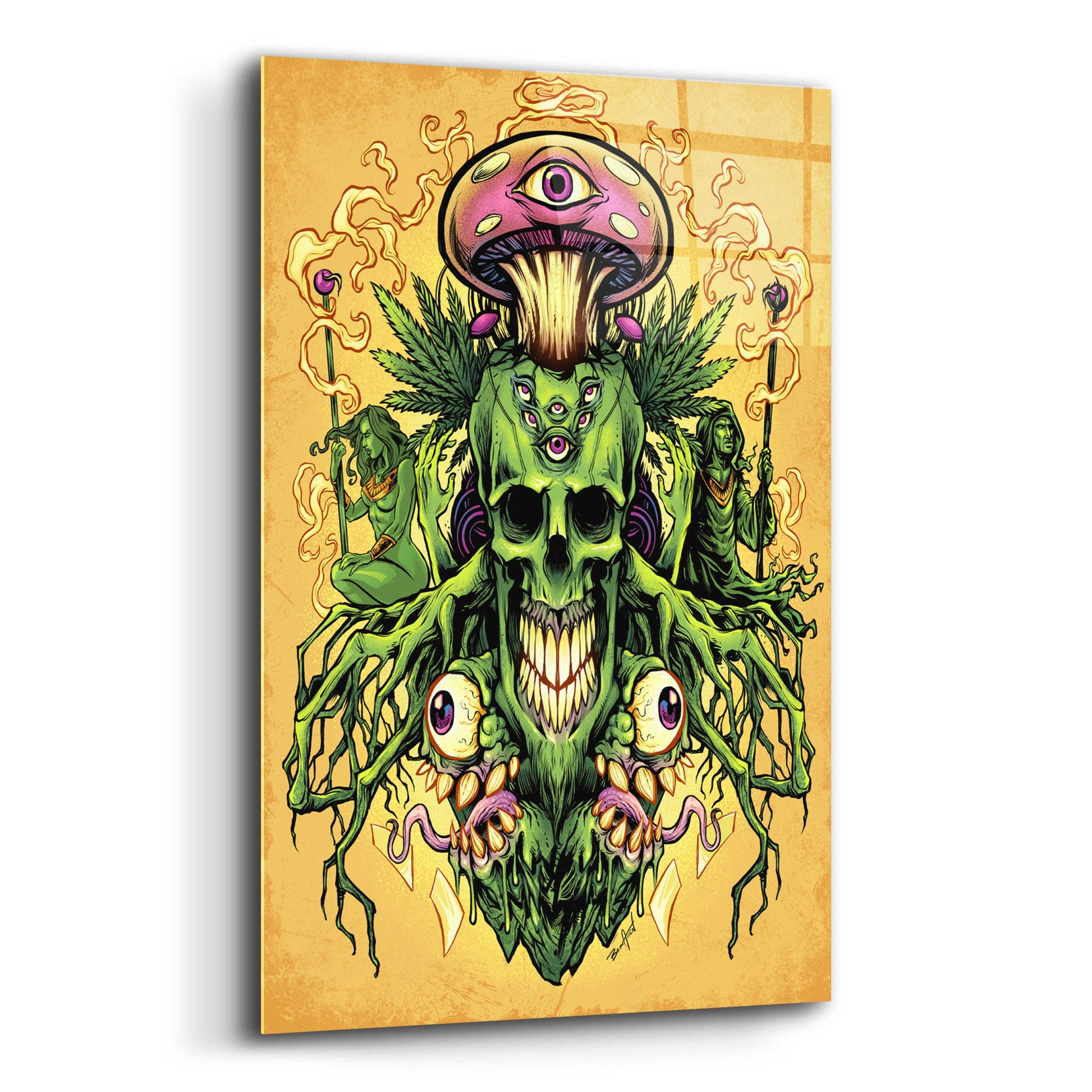 Epic Art 'Marijuana Skull and Mushrooms' by Flyland Designs, Acrylic Glass Wall Art,12x16