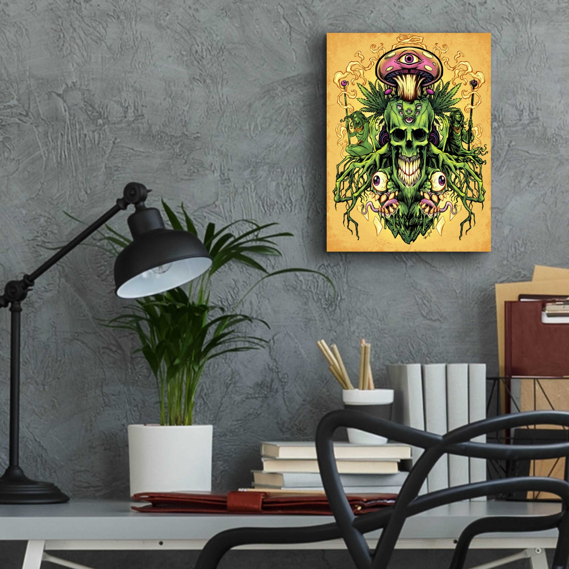 Epic Art 'Marijuana Skull and Mushrooms' by Flyland Designs, Acrylic Glass Wall Art,12x16