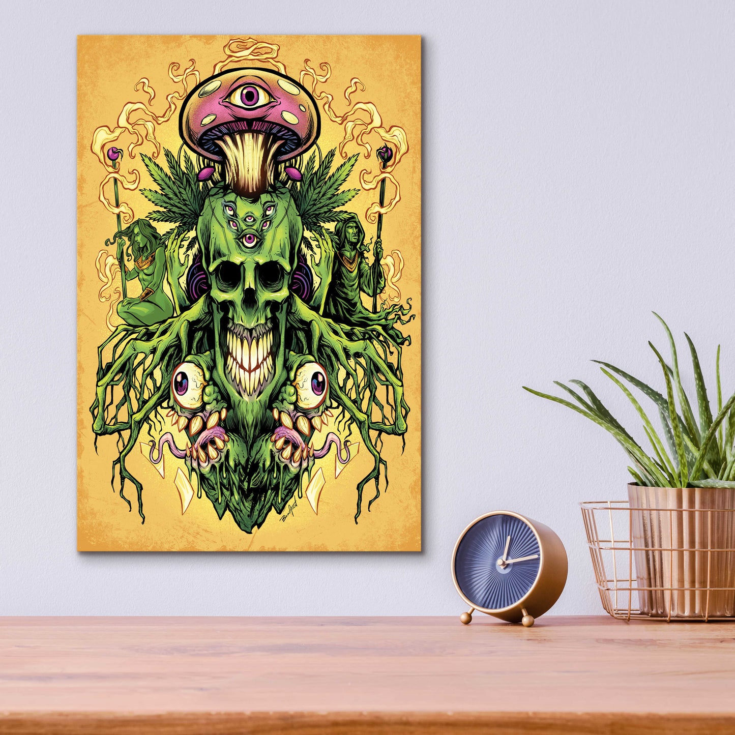 Epic Art 'Marijuana Skull and Mushrooms' by Flyland Designs, Acrylic Glass Wall Art,12x16