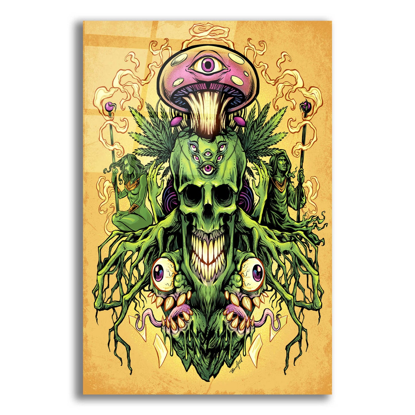 Epic Art 'Marijuana Skull and Mushrooms' by Flyland Designs, Acrylic Glass Wall Art,12x16