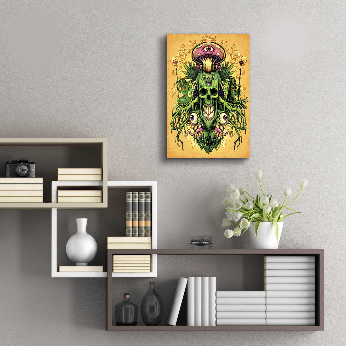 Epic Art 'Marijuana Skull and Mushrooms' by Flyland Designs, Acrylic Glass Wall Art,16x24