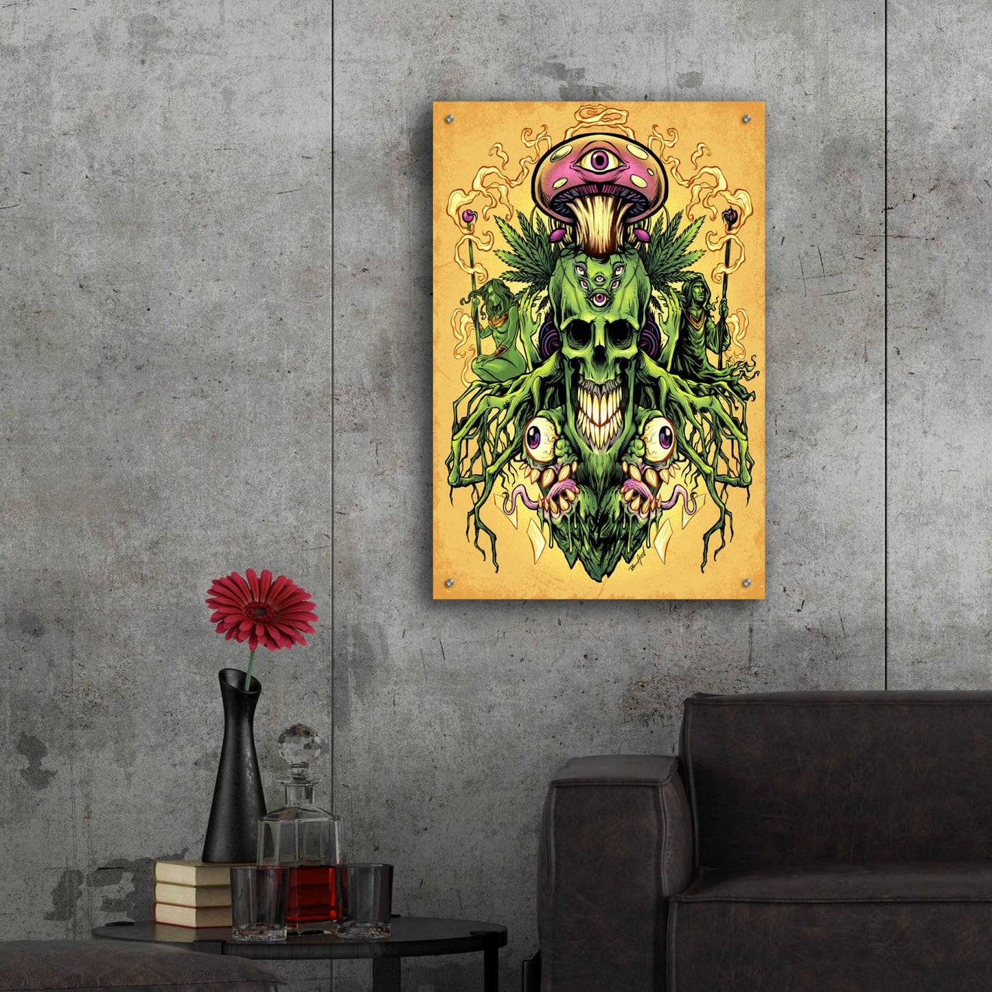 Epic Art 'Marijuana Skull and Mushrooms' by Flyland Designs, Acrylic Glass Wall Art,24x36