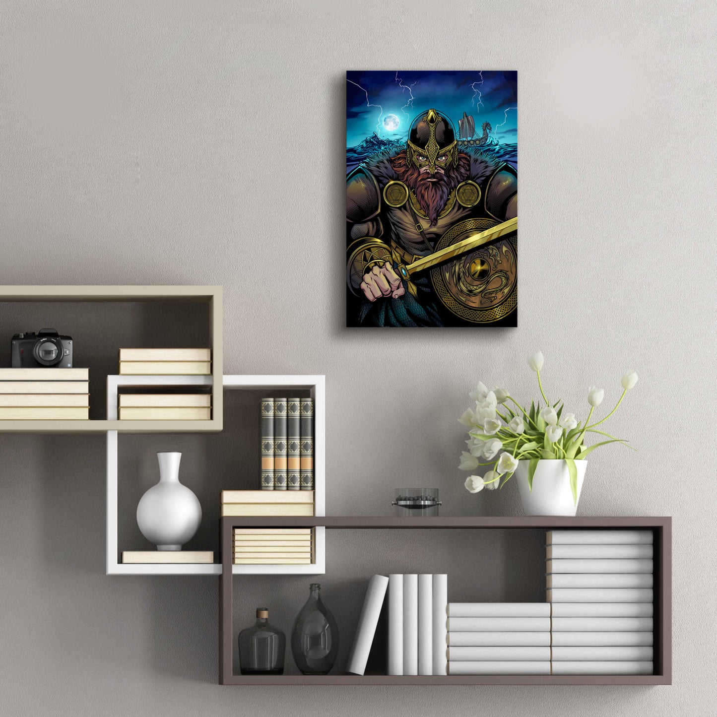 Epic Art 'Viking Sword and Shield Moonlight' by Flyland Designs, Acrylic Glass Wall Art,16x24