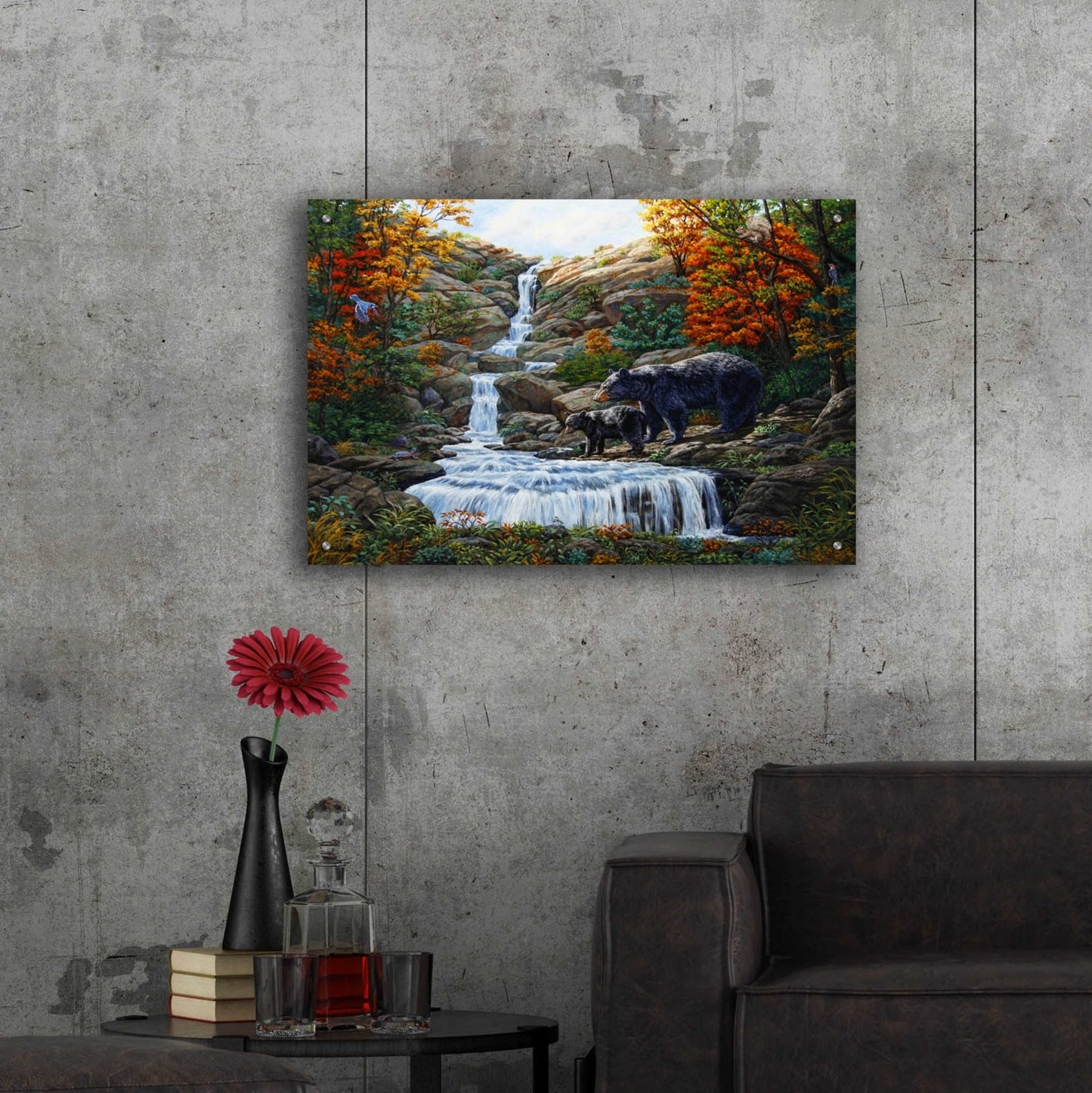 Epic Art 'Black Bear Falls' by Crista Forest, Acrylic Glass Wall Art,36x24