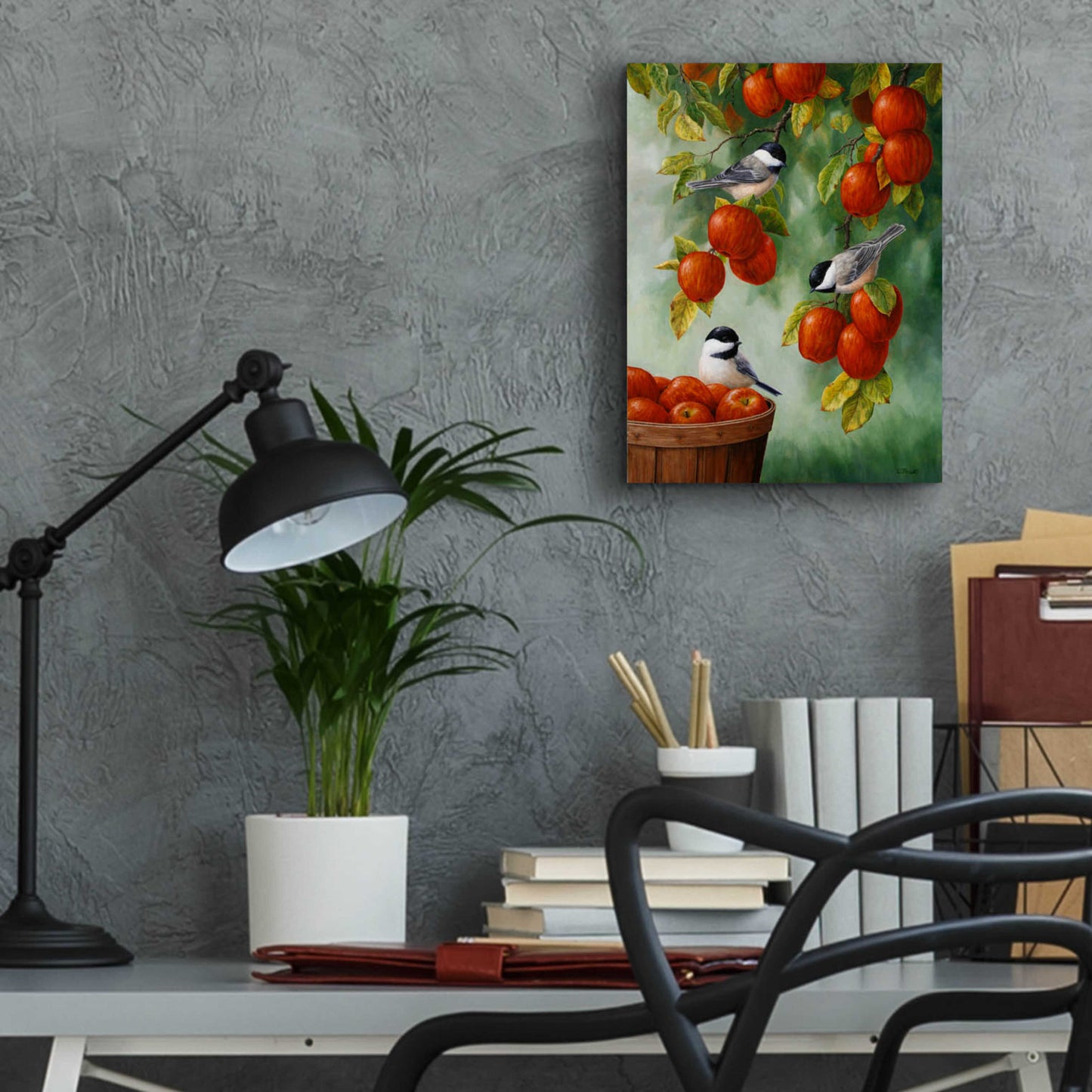 Epic Art 'Apple Harvest Chickadees' by Crista Forest, Acrylic Glass Wall Art,12x16