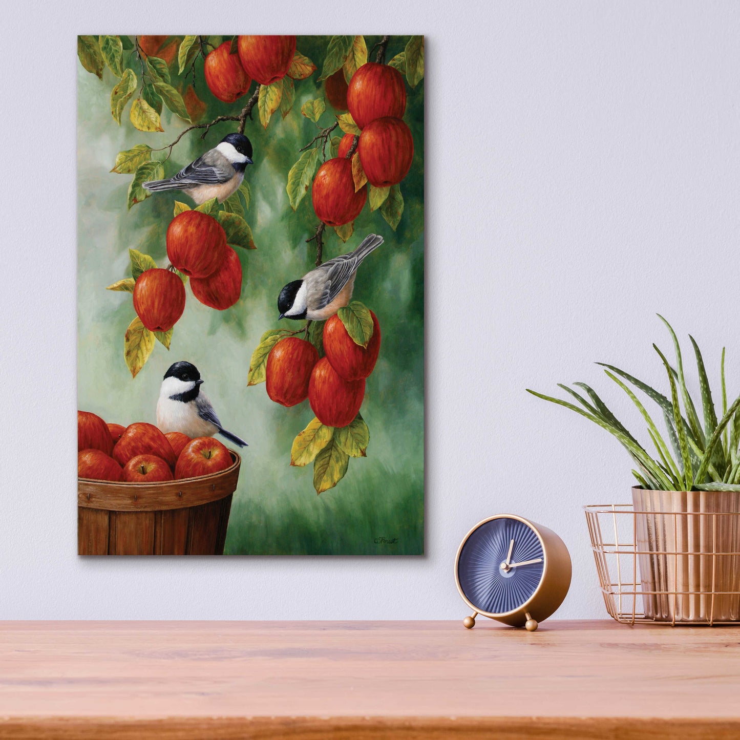 Epic Art 'Apple Harvest Chickadees' by Crista Forest, Acrylic Glass Wall Art,12x16